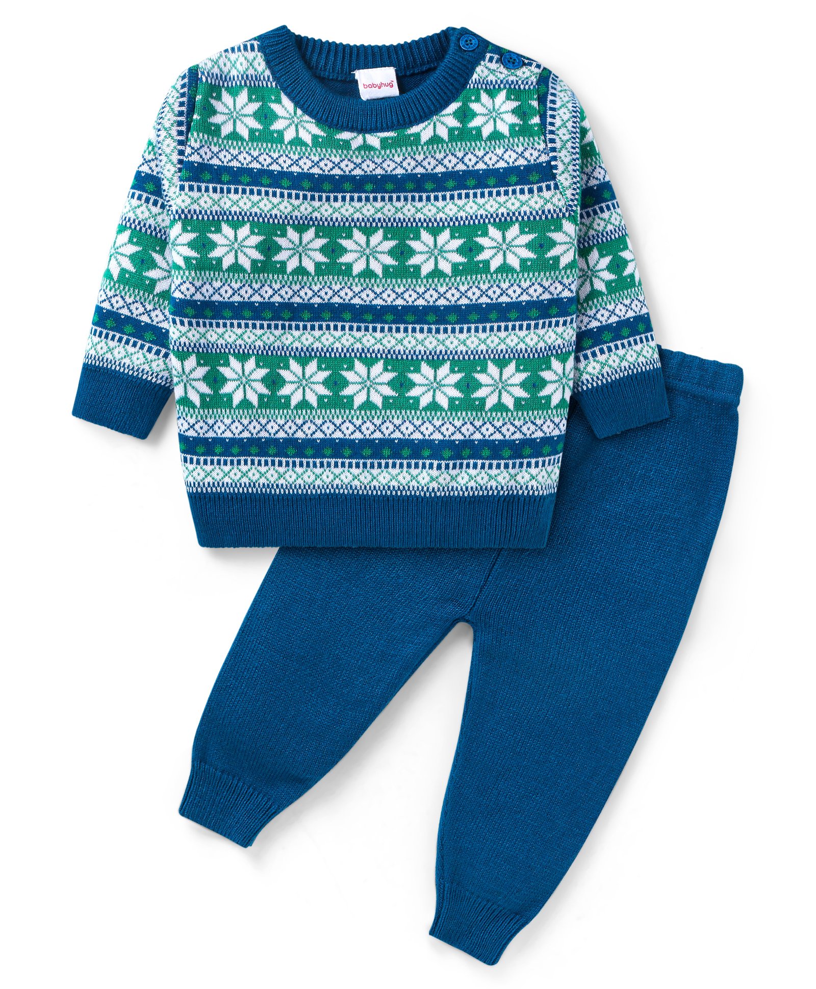 Babyhug Knitted Full Sleeves Pullover Sweater Set With Intarsia Design - Green & Blue-picture-15