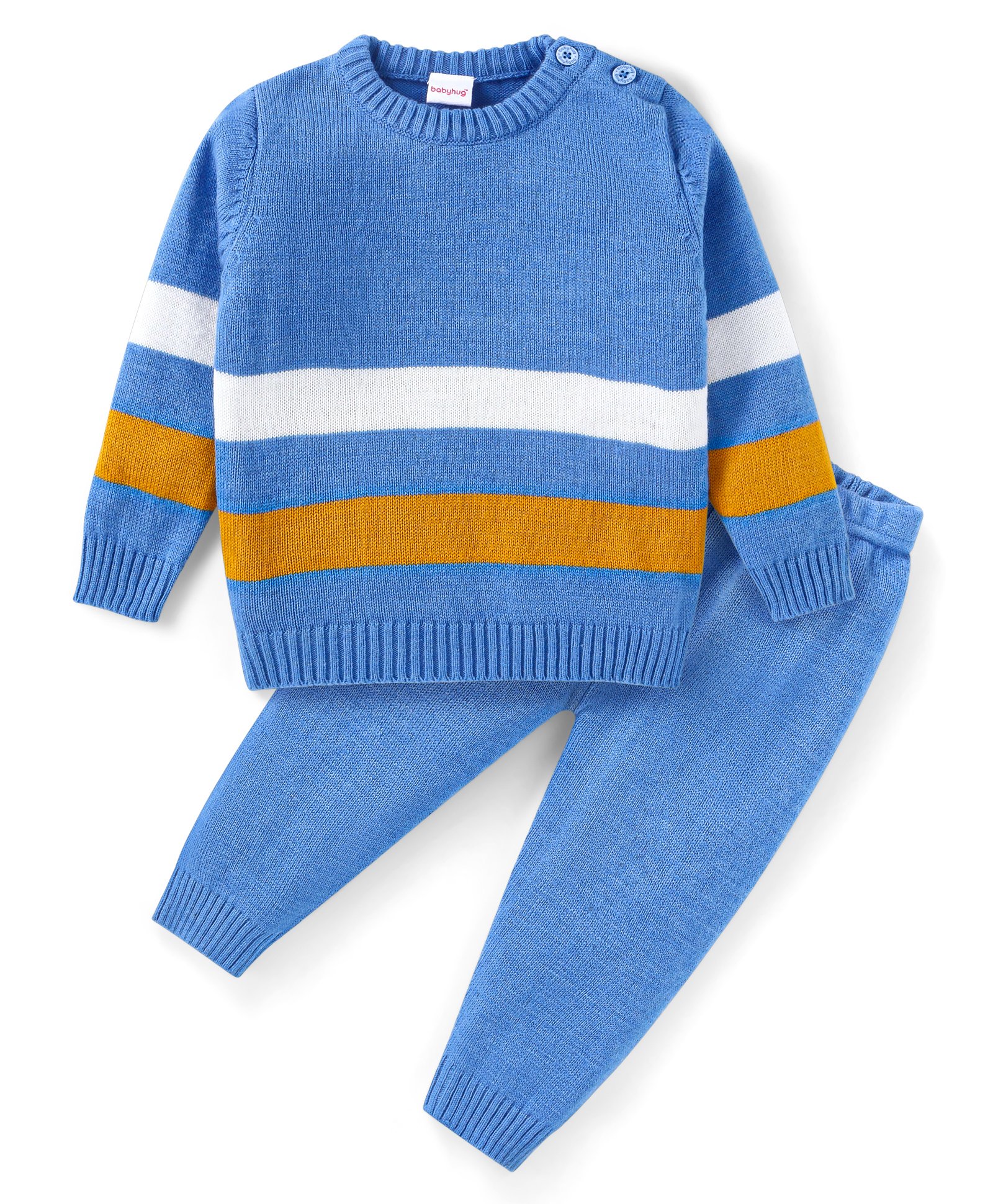 Babyhug Knitted Full Sleeves Pullover Striped Sweater Set - Blue Mustard & White-picture-33