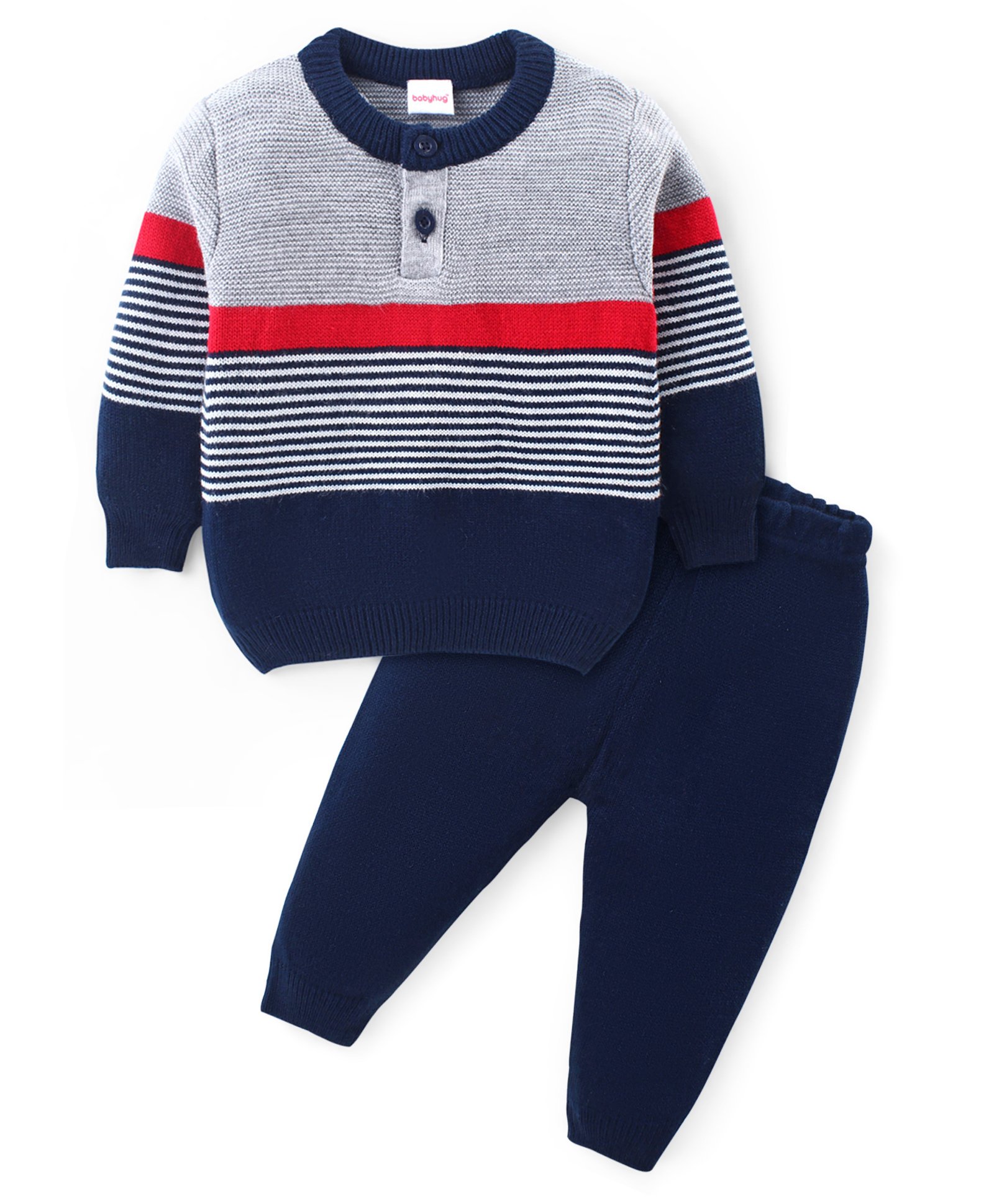 Babyhug Knitted Full Sleeves Striped Pullover Sweater Set - Navy Blue & Red-picture-13