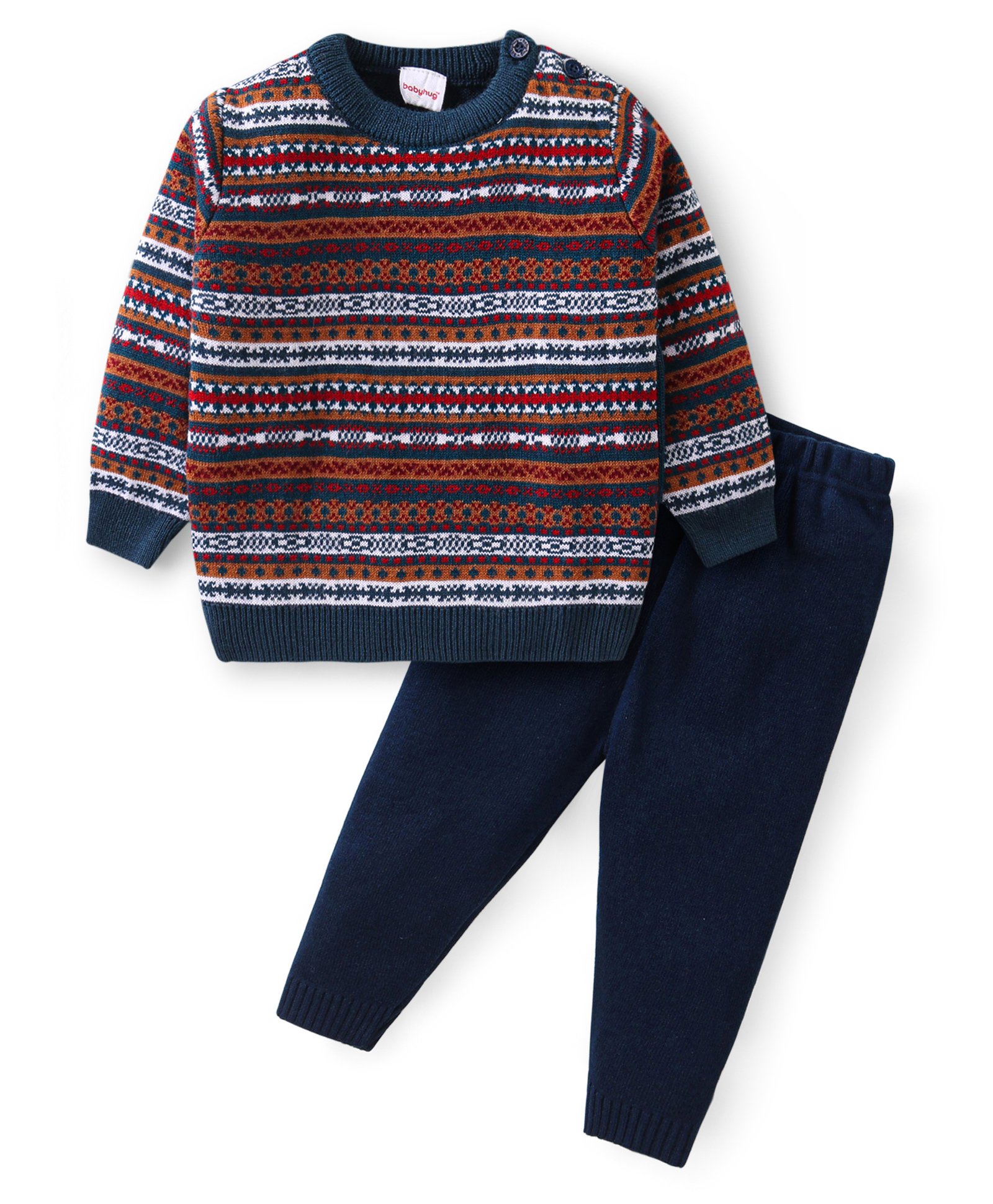 Babyhug Knitted Full Sleeves Aztec Designed Pullover Sweater Set - Dark Green & Rust-image-48