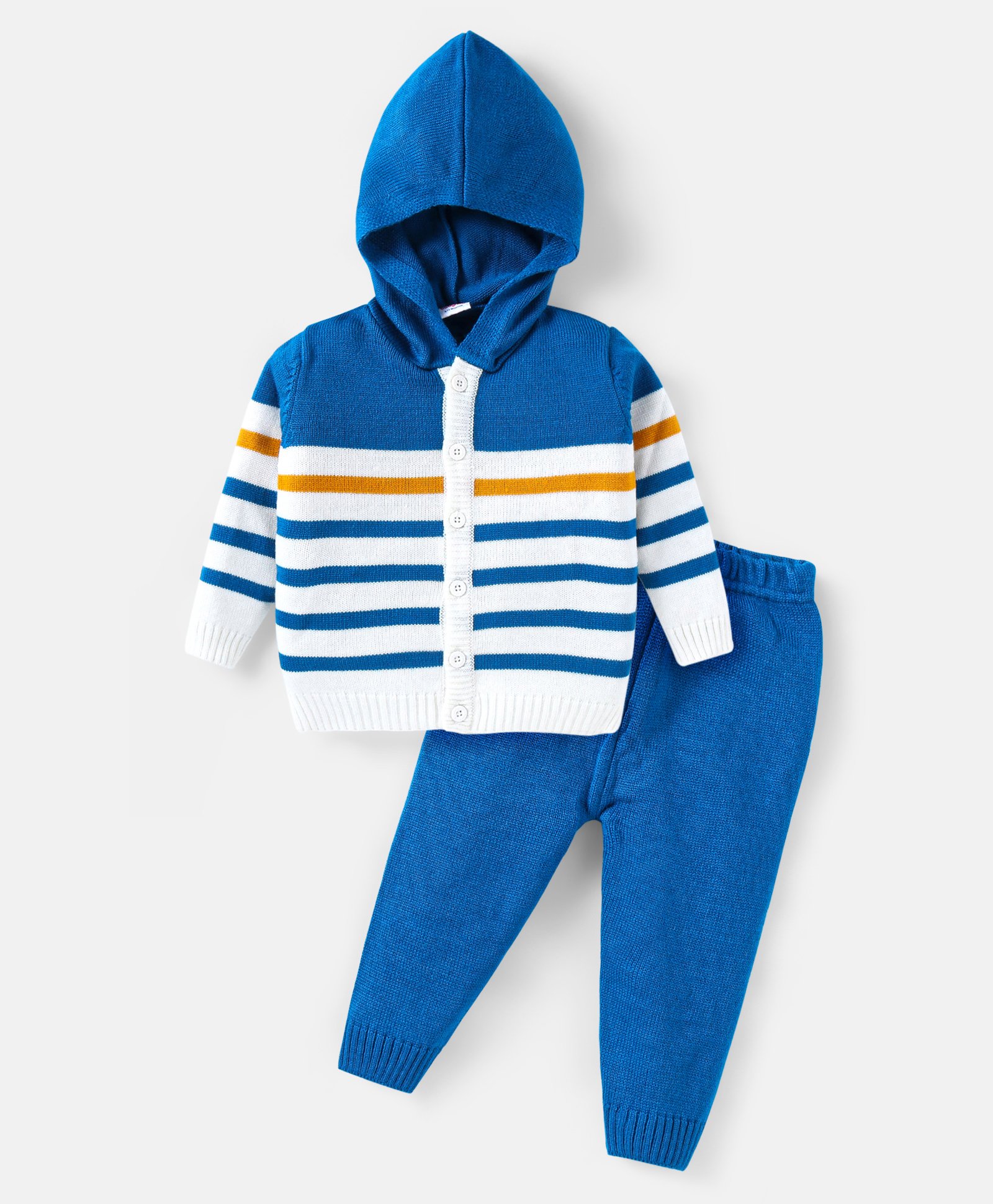 Babyhug Knitted Full Sleeves Front Open Hooded Sweater & Pant With Striped Design - Blue-picture-37