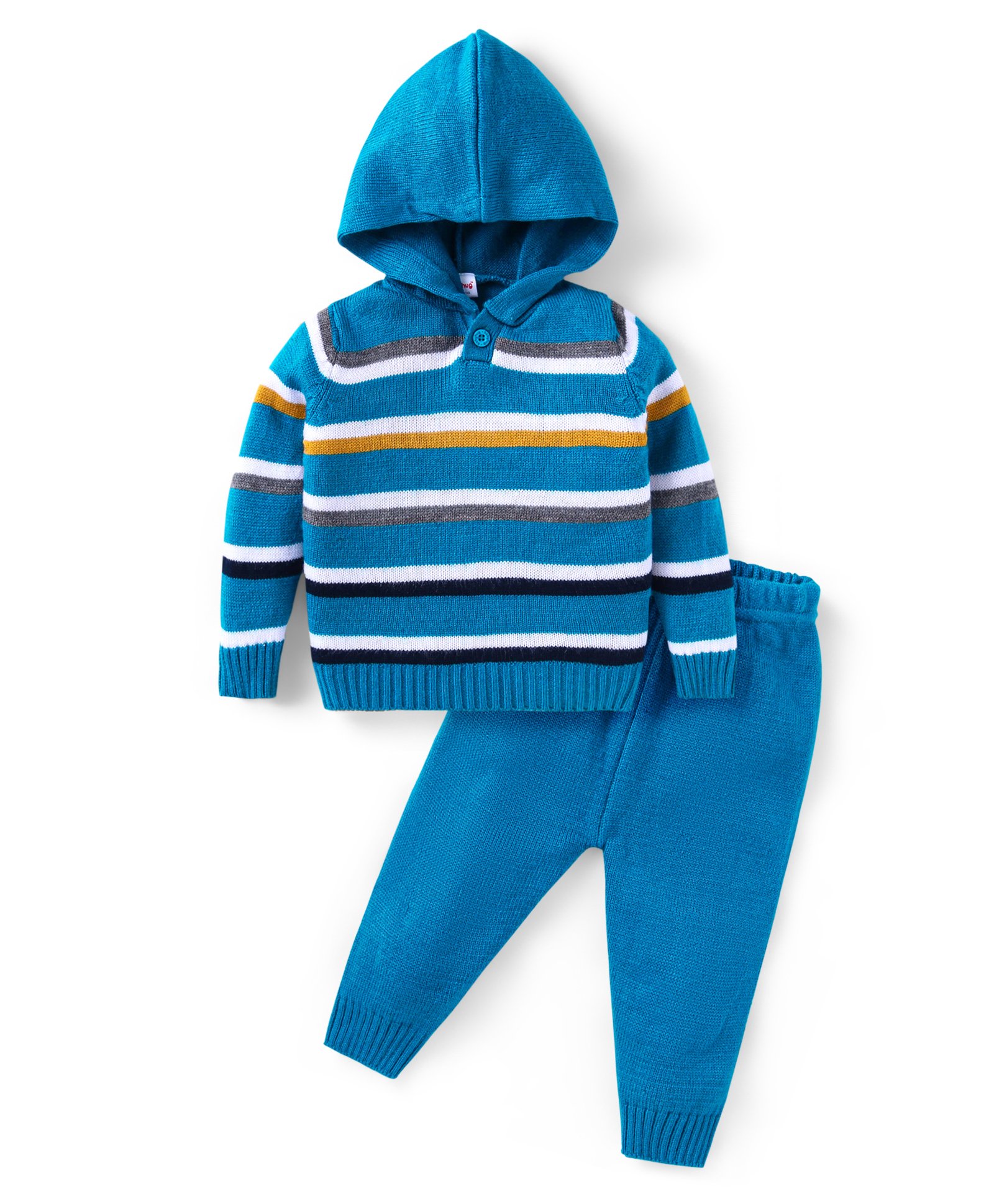 Babyhug Knitted Full Sleeves Pullover Hooded Sweater & Pant With Striped Design - Blue