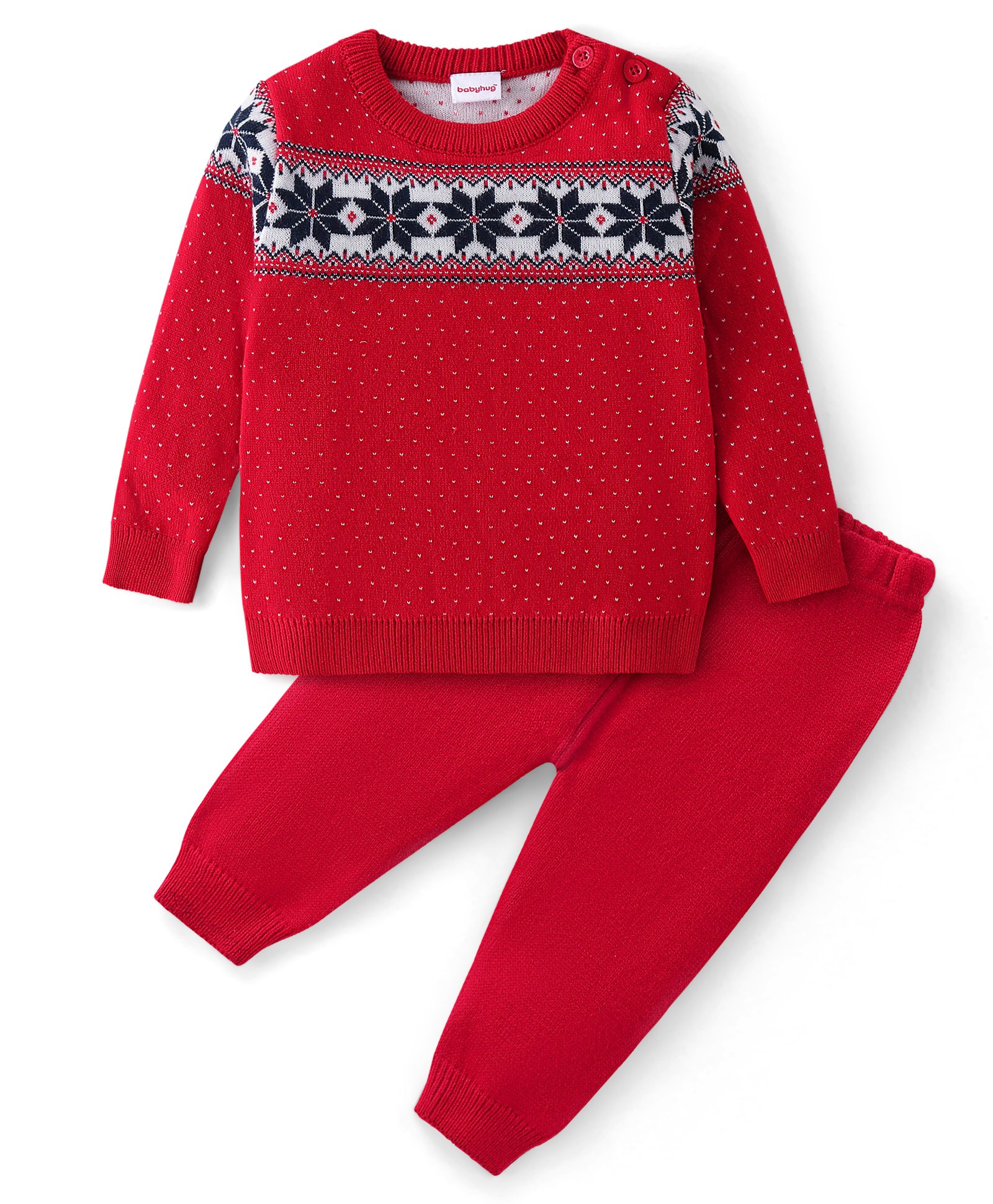 Babyhug Knitted Full Sleeves Sweater Set with Floral Design - Red-picture-23