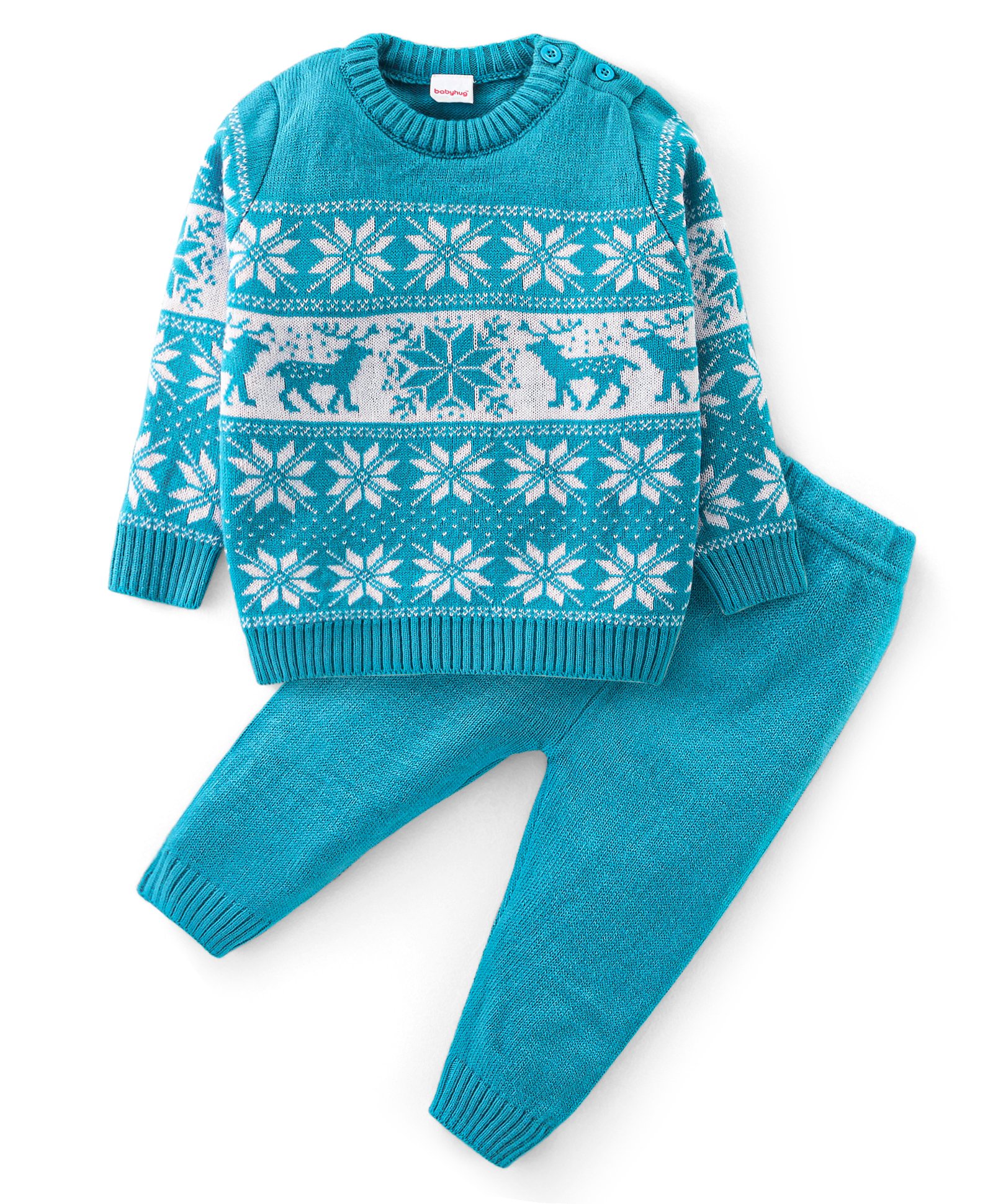 Babyhug Knit Full Sleeves Sweater Set with Aztec & Reindeer Design - Blue-picture-11