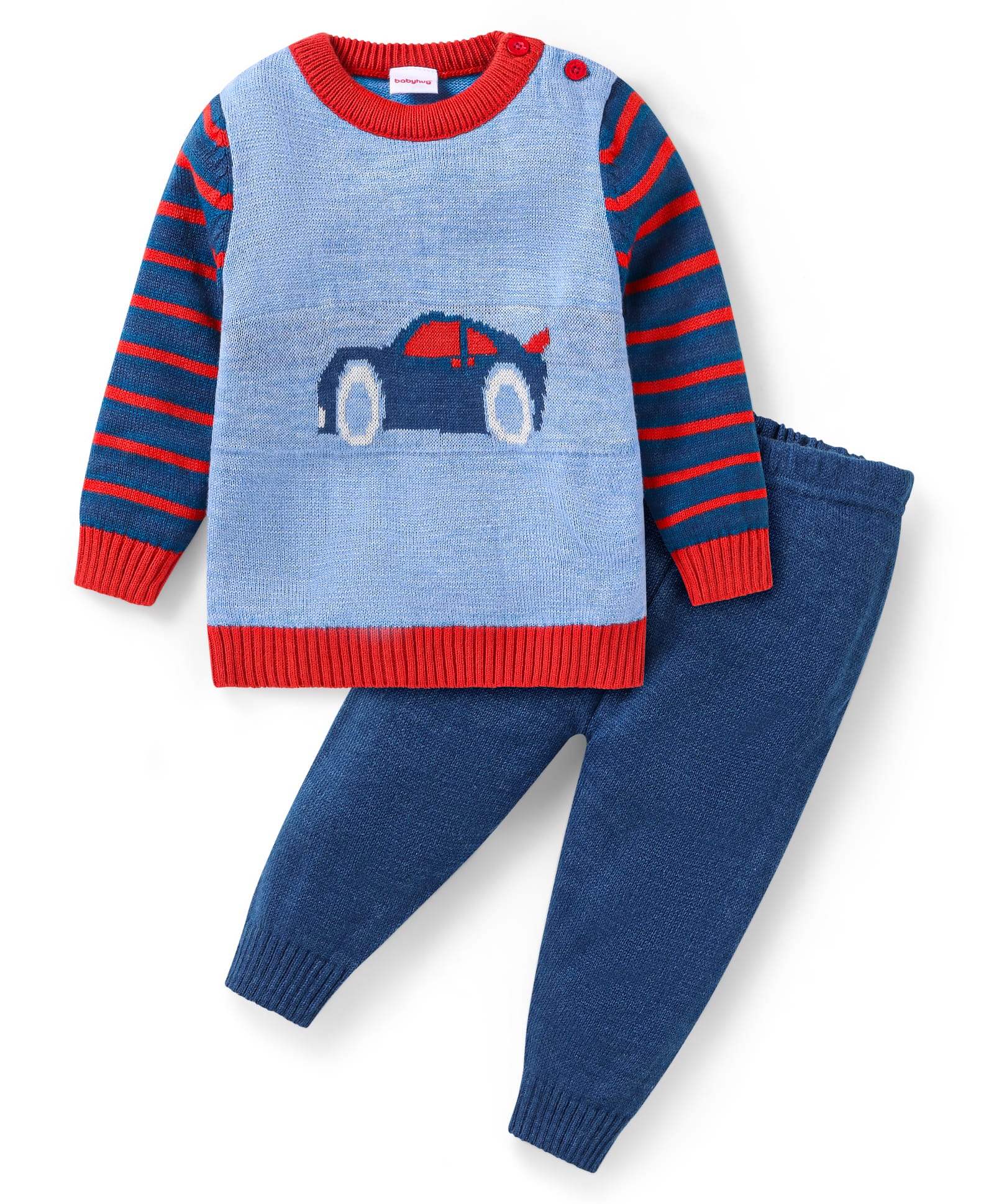 Babyhug Knitted Full Sleeves Pullover Sweater Set With Car Design - Blue & Orange-image-47