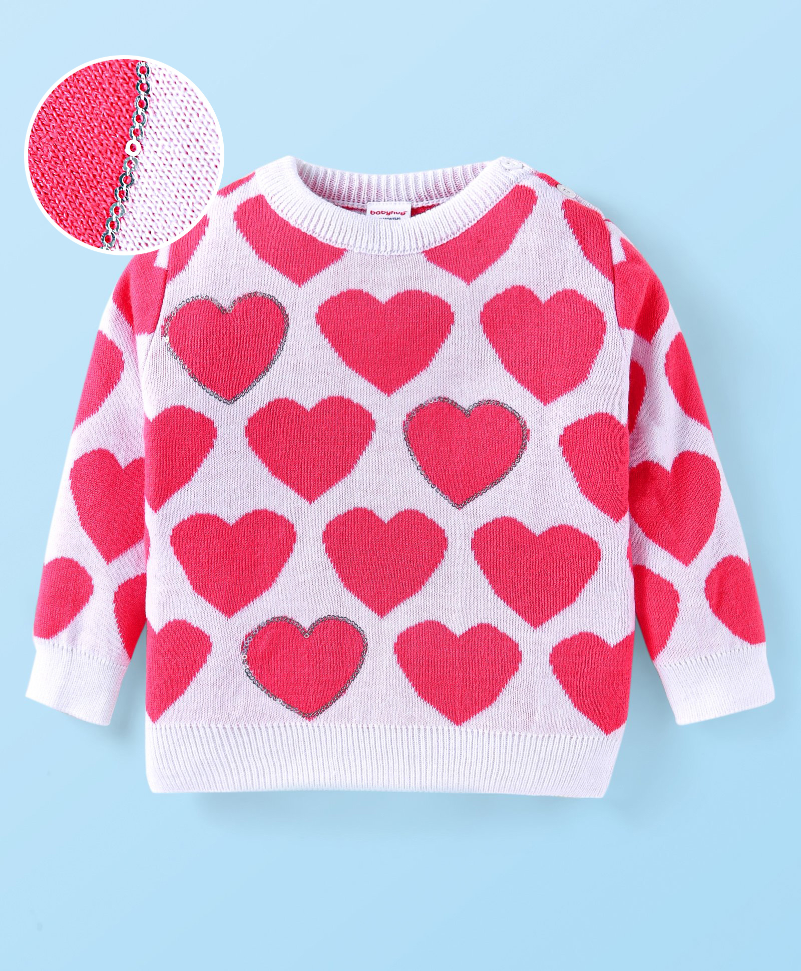 Babyhug Knitted Full Sleeves Pullover Sweater with Hearts & Sequin Design - White & Pink-image-24
