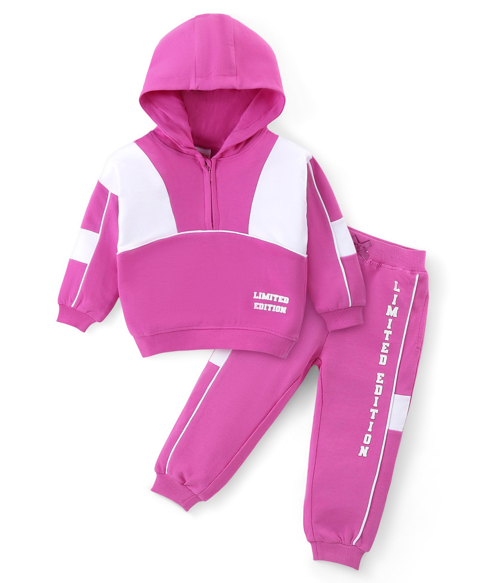 Babyhug Terry Cotton Knit Full Sleeves Text Printed Hooded Top & Jogger Pants Set - Purple & White-image-14