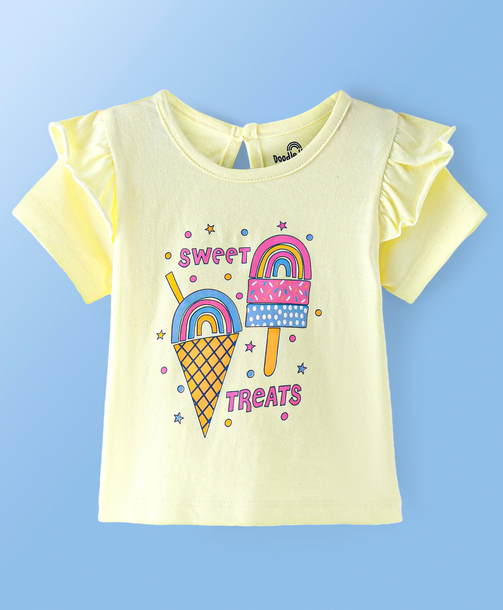 Doodle Poodle 100% Cotton Half Sleeves T-Shirt with Frill Detailing Ice Cream Print - Yellow-picture-46