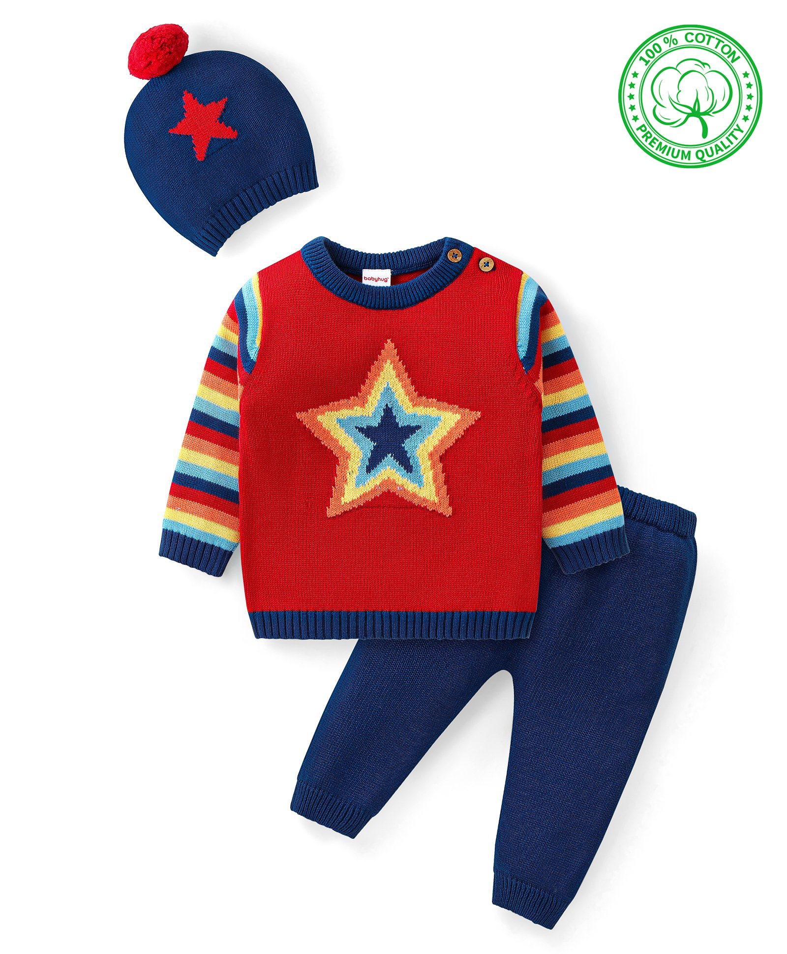 Babyhug Knit Full Sleeves Sweater Set with Cap Star Design - Red & Navy-image-47
