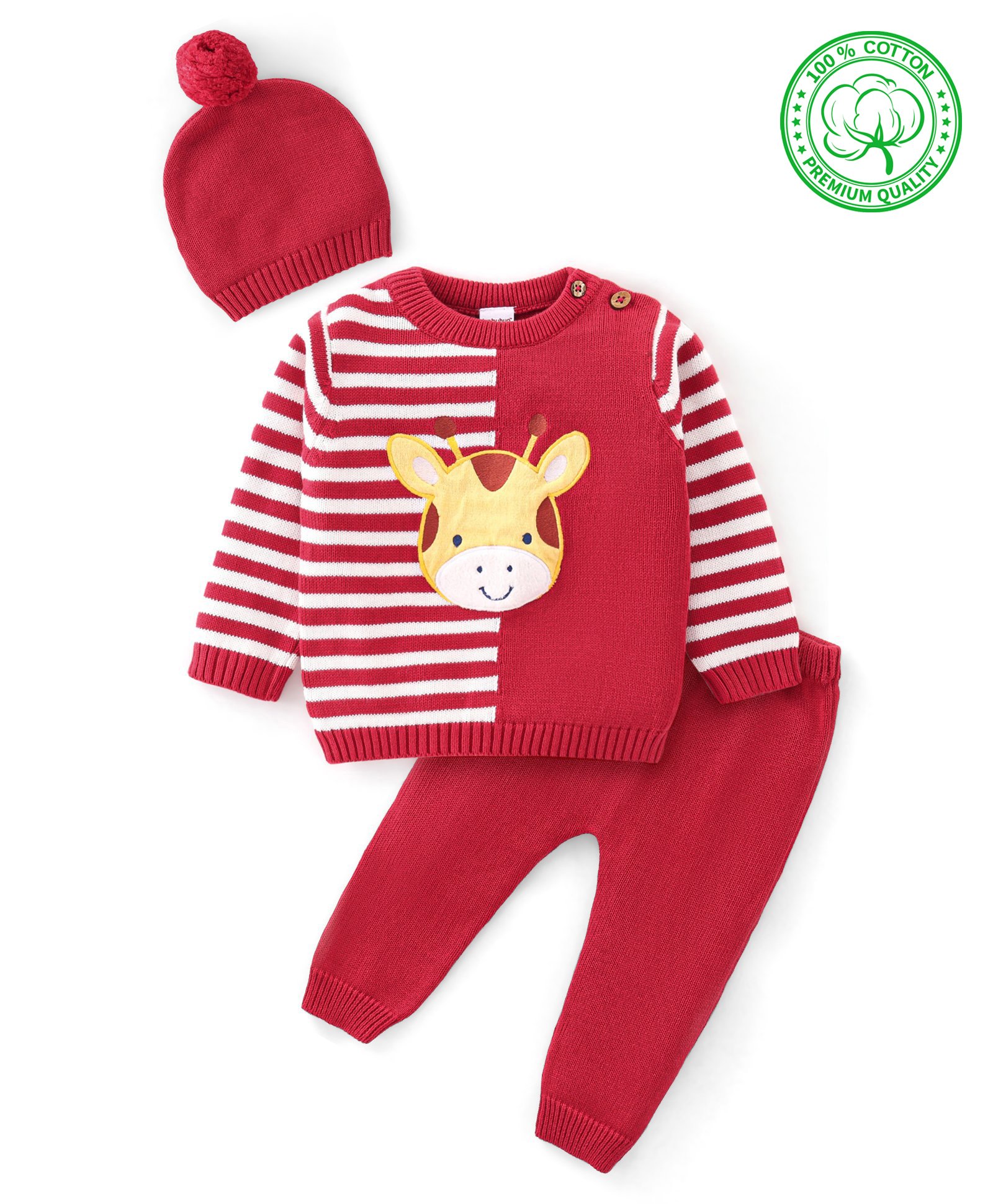 Babyhug Organic Cotton Knit Full Sleeves Sweater Set with Cap Reindeer Patch & Stripes - Red & White-image-11