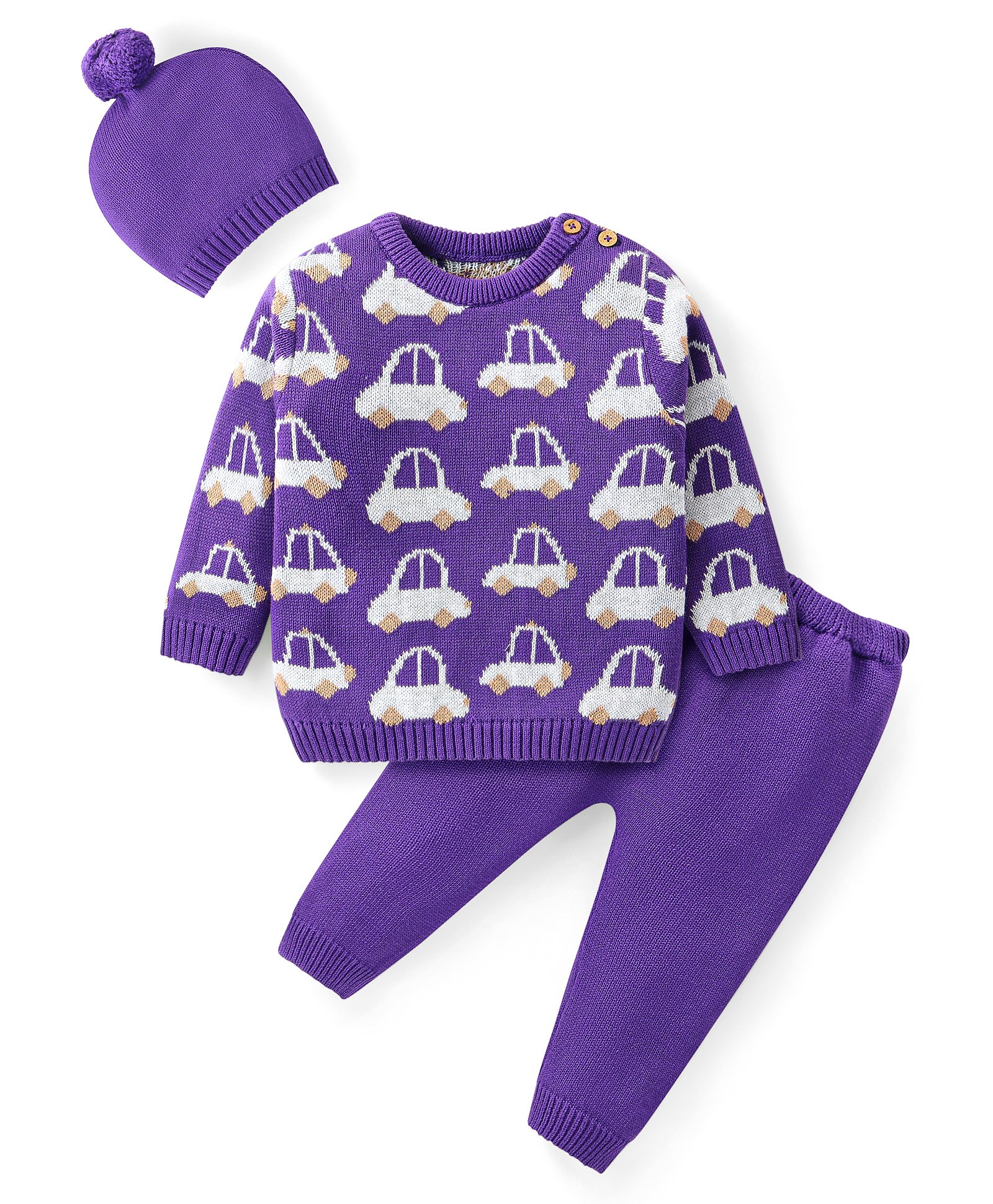 Babyhug Knit Full Sleeves Pullover Sweater Set with Cap & Car Design - Purple-image-49