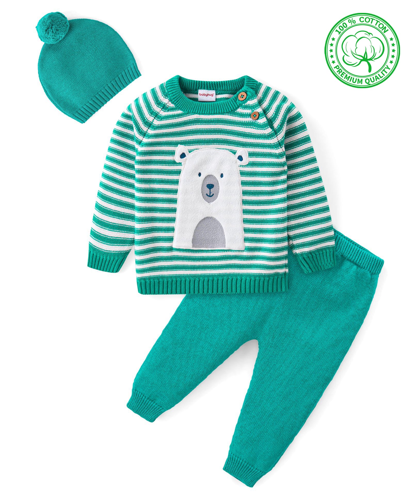 Babyhug Cotton Knit Full Raglan Sleeves Sweater Set with Cap & Stripes Design - Teal Blue-picture-15