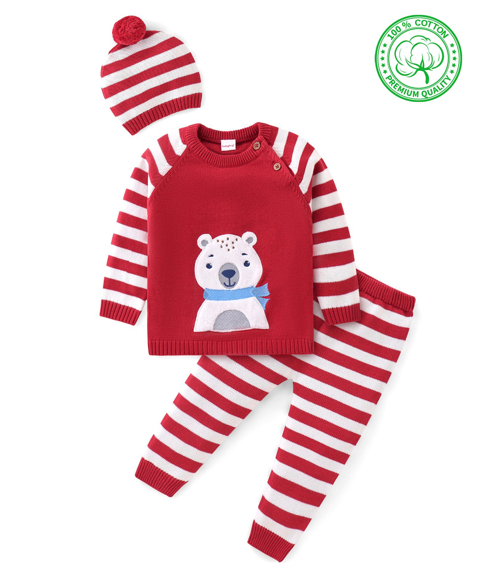 Babyhug Knitted Full Sleeves Striped Sweater Set with Cap & Bear Patch - Red-image-45