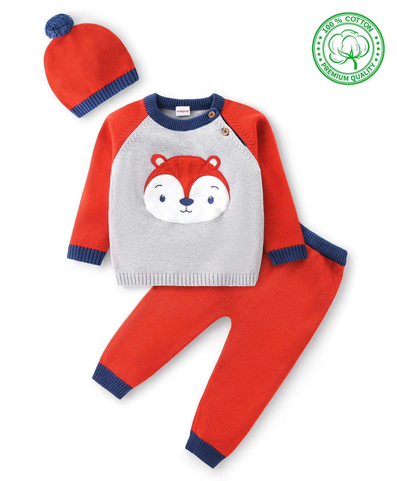 Babyhug Organic Cotton Knit Raglan Full Sleeves Sweater Set & Cap with Fox Patch Detailing - Grey & Rust-image-4