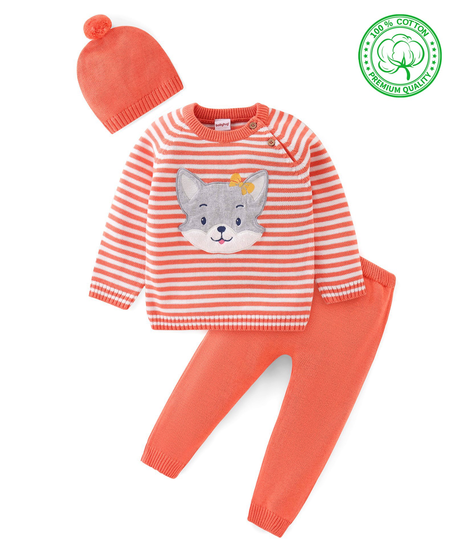 Babyhug Knitted Full Sleeves Striped Sweater Set with Cap & Fox Patch - Peach-picture-18