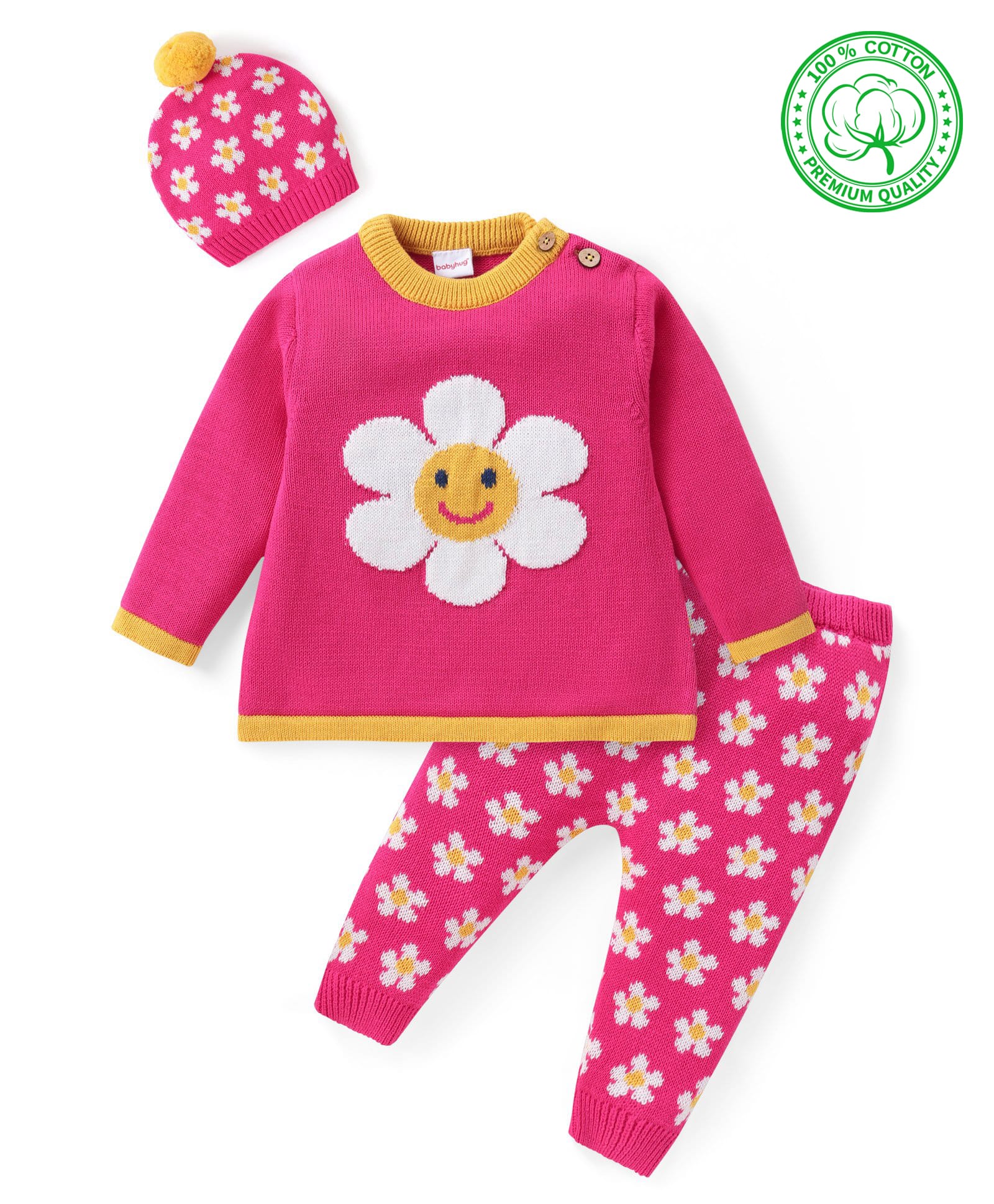 Babyhug Knitted Full Sleeves Pullover Floral Designed Sweater Set with Cap- Dark Pink-image-38