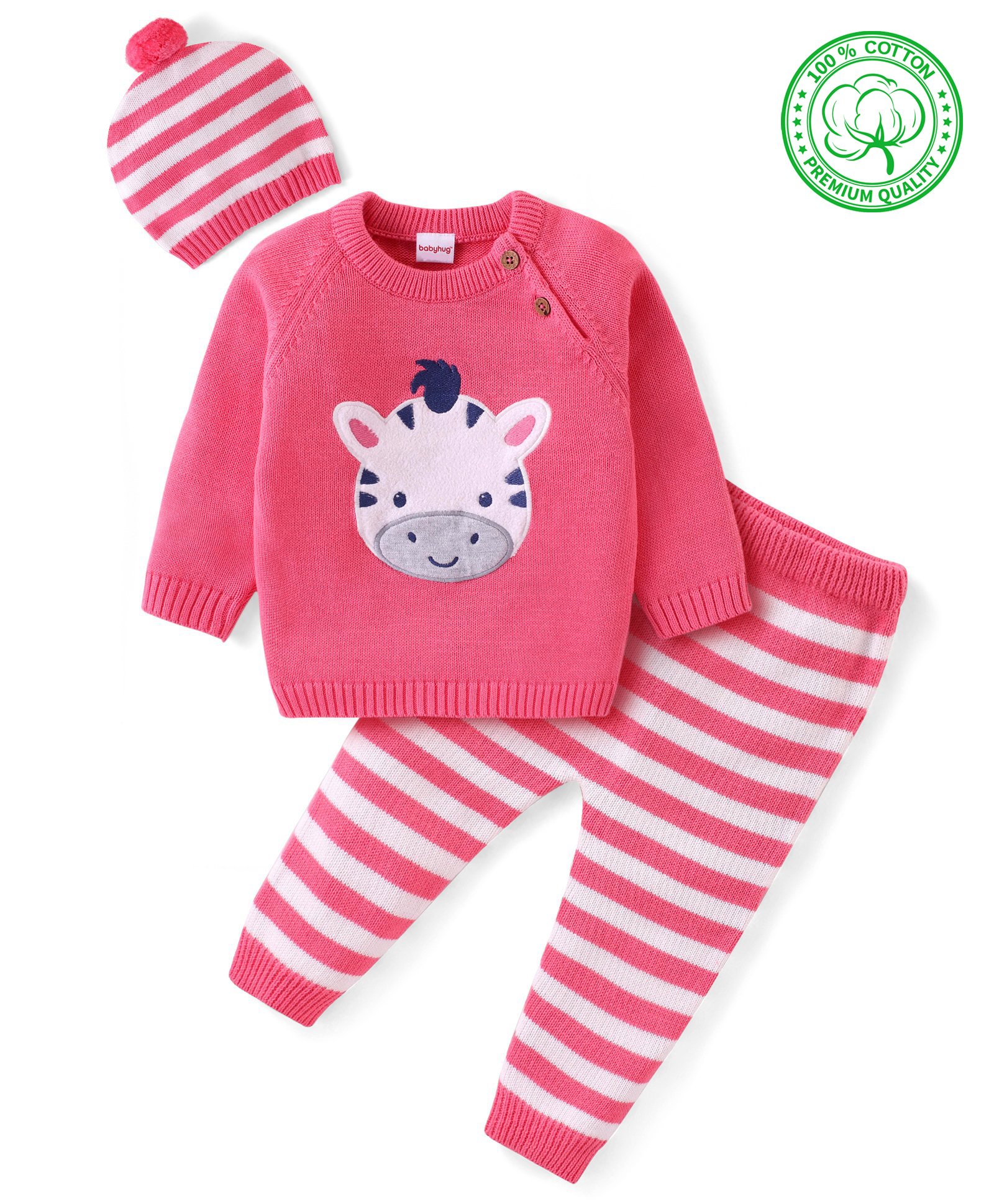 Babyhug Organic Cotton Knit Full Sleeves Striped Sweater Set & Cap - Pink-image-47