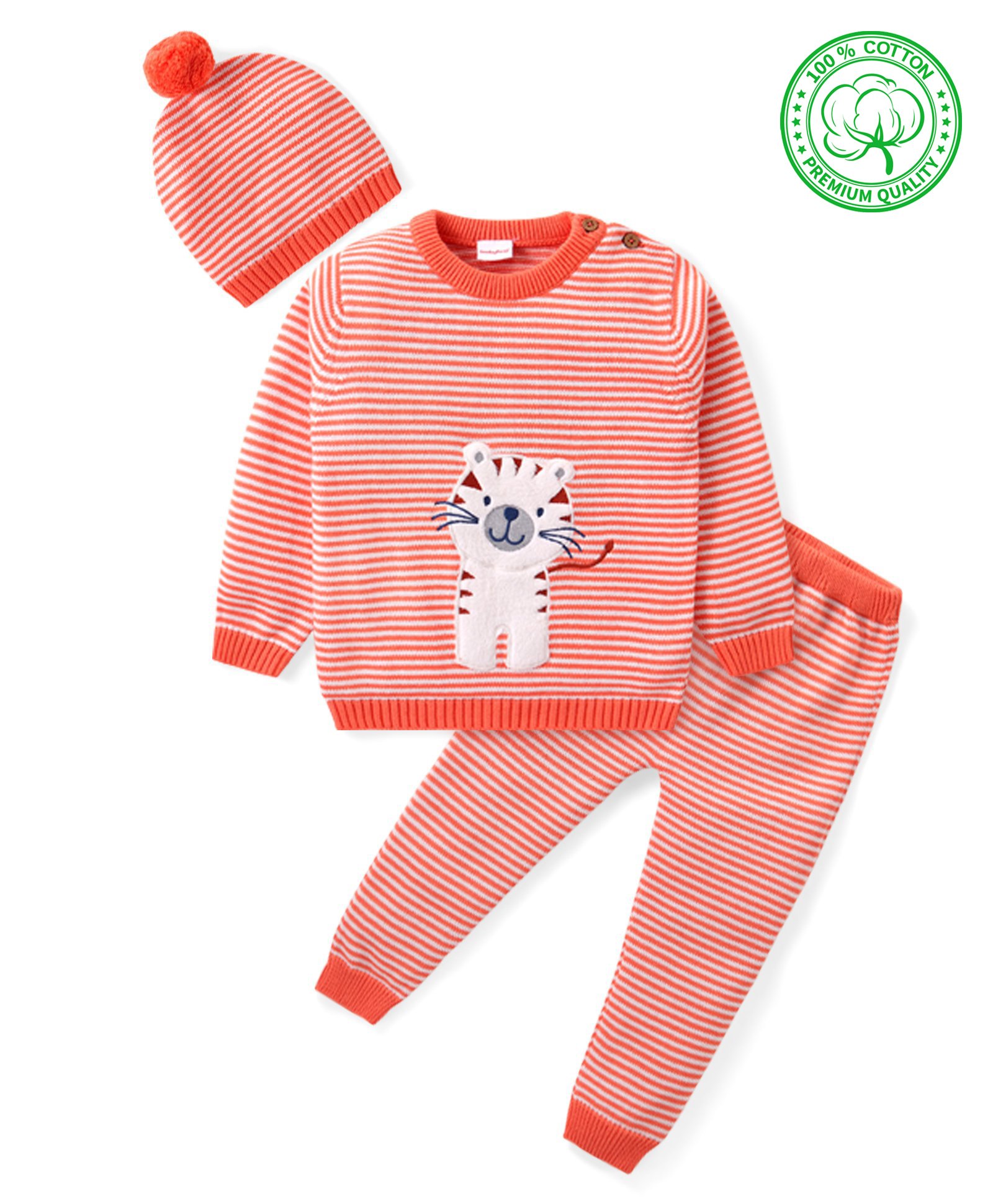 Babyhug Knitted Full Sleeves Striped Sweater Set with Cap & Tiger Patch - Peach-picture-31