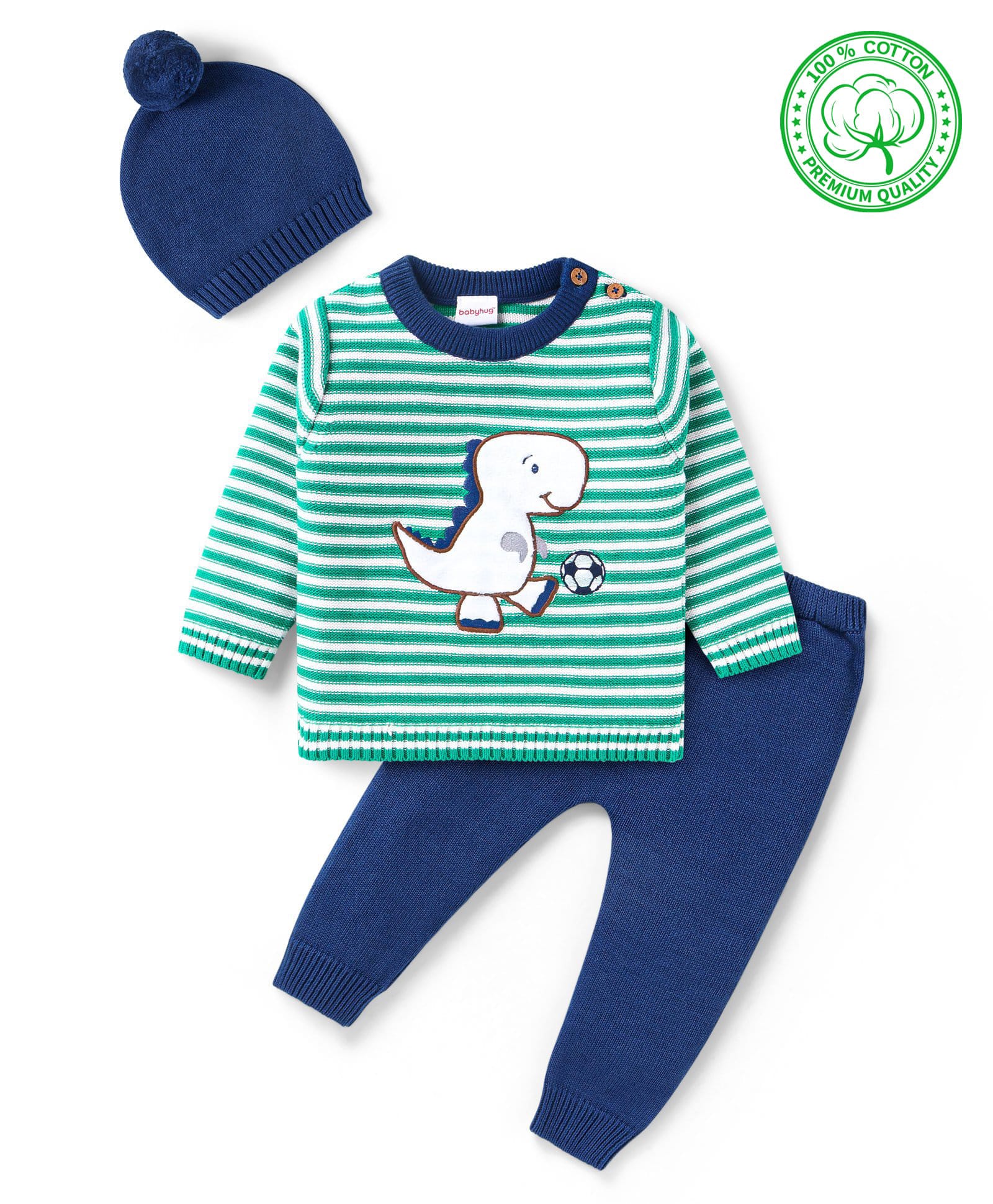 Babyhug Cotton Knit FullSleeves Sweater Set with Cap Dino Design - Mint Green & Navy Blue-image-43