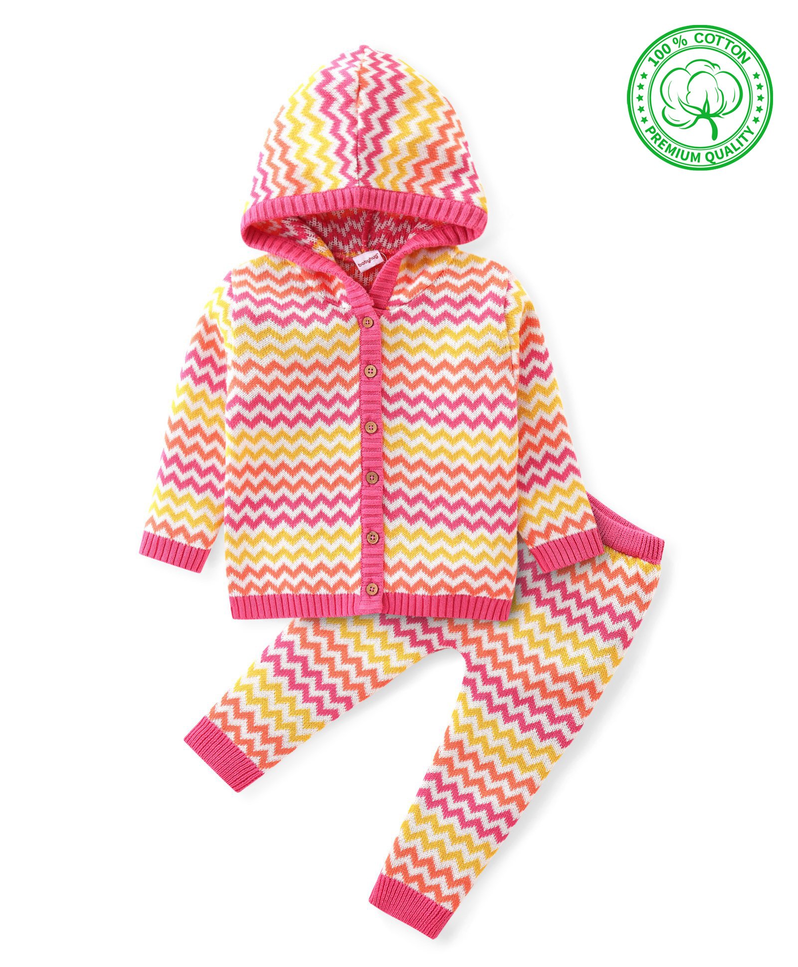 Babyhug Knitted Full Sleeves Hooded Sweater Set With Chevron Design - Yellow & Pink-image-38