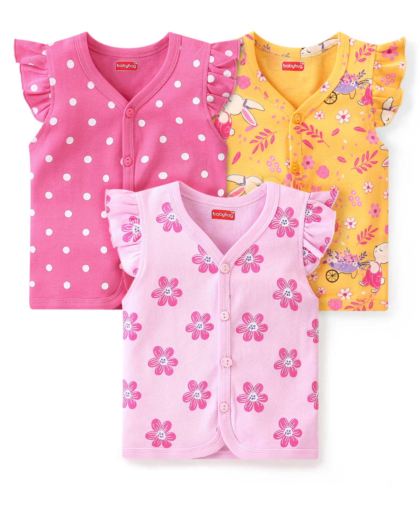 Babyhug 100% Cotton Knit Frill Sleeves Set of Vests Polka Dots & Floral Print Pack of 3 - Multicolour-image-5