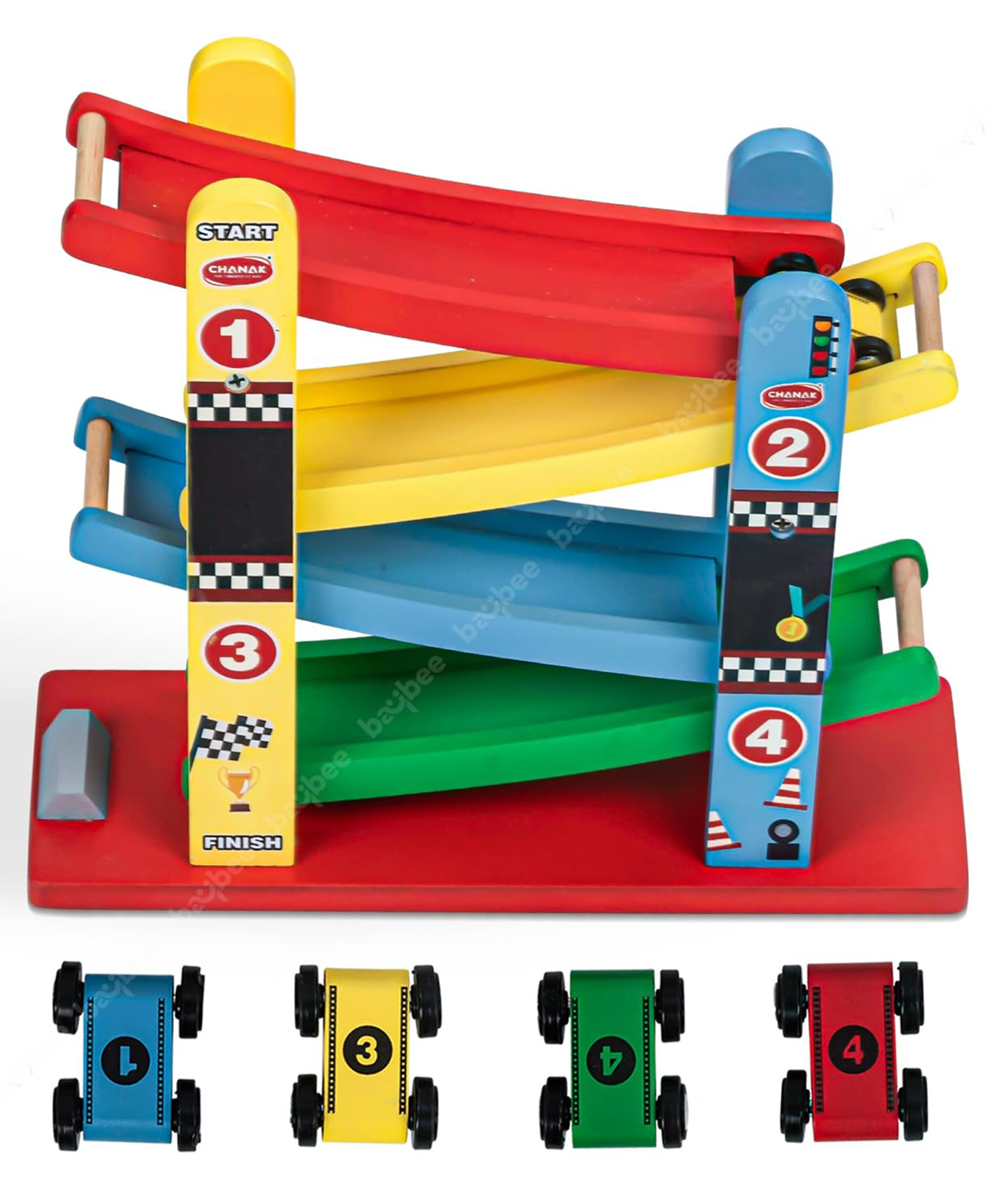 Baybee Wooden Ramp Racing Track Toy Car for Kids, Baby Gliding Twister Racer Cars with 4 Race Tracks & 4 Mini Cars, Kids Rail Slider Valley Toys Set for 3+ Years Children Boys Girls-image-35