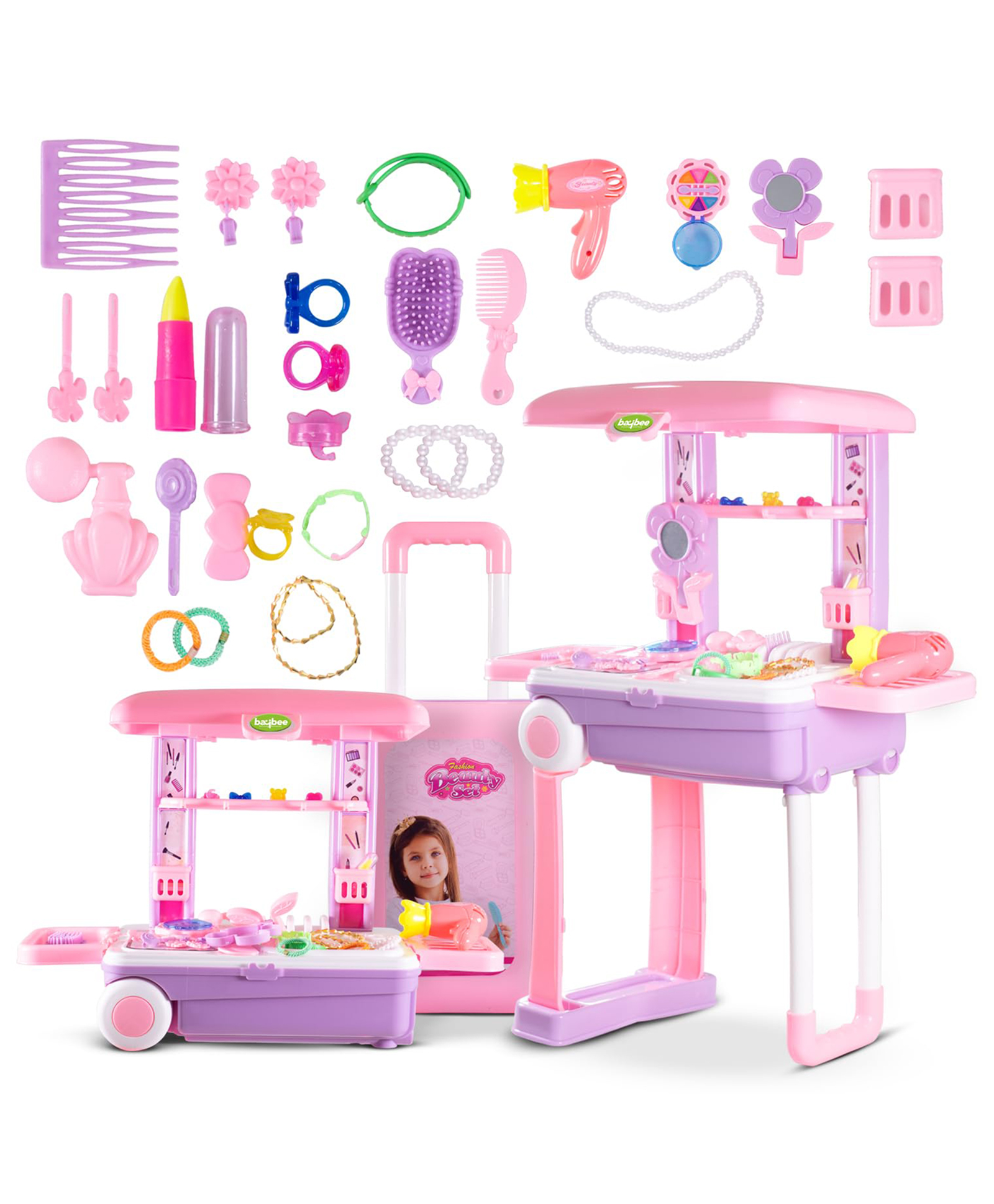 Baybee Kids 3 in 1 Makeup Beauty Kit Set Toys for Girls Convertible Dressing Table and Suitcase Pretend Play Toys with Make up Table Accessories Role Play Toys Beauty Set for Baby Girl-image-37
