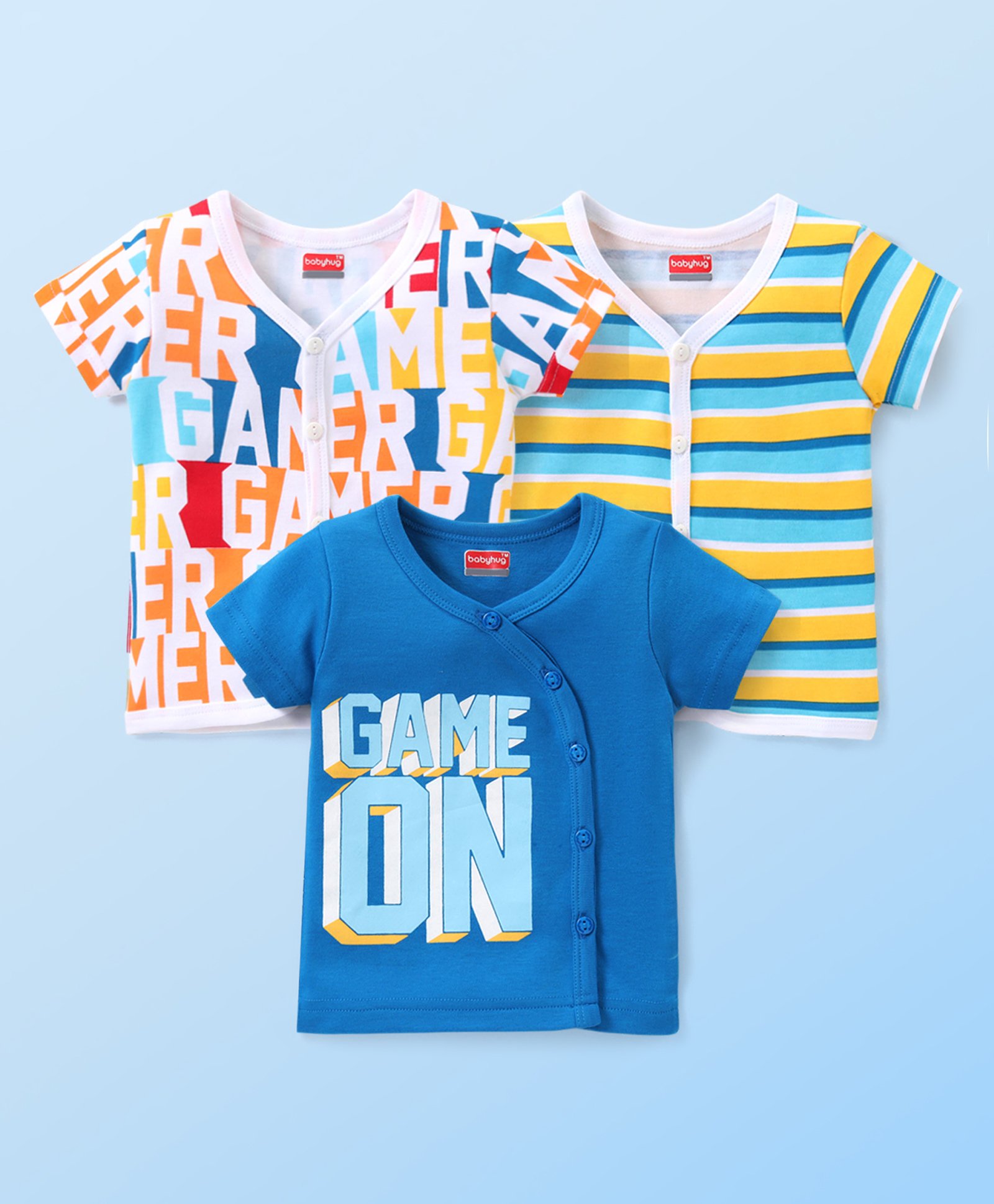 Babyhug 100% Cotton Knit Half Sleeves Set of Vets Striped & Text Print Pack of 3 - Multicolour-image-17