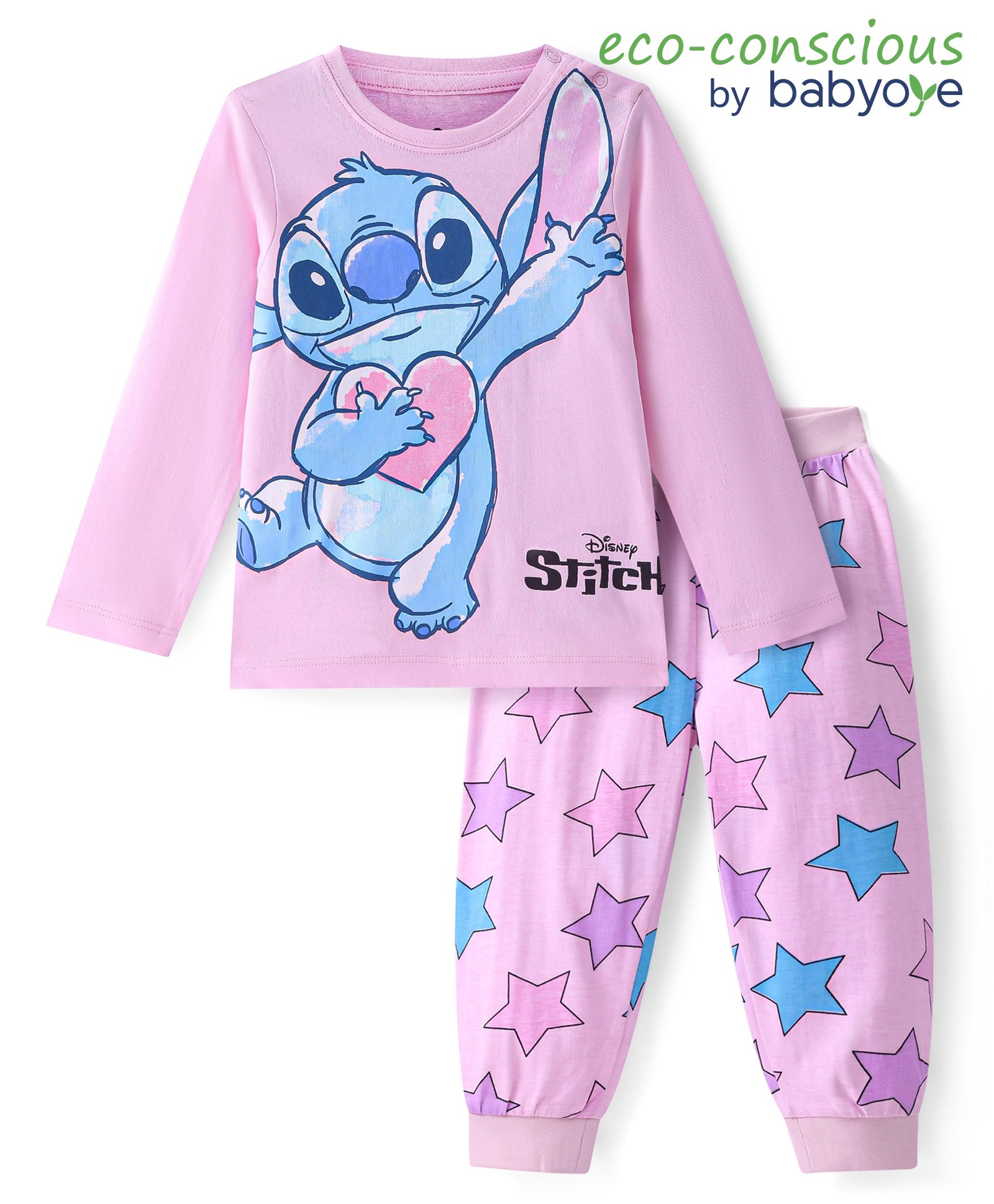 Babyoye Disney Cotton Knit Full Sleeves Night Suit with Stitch Graphics - Pink-picture-32