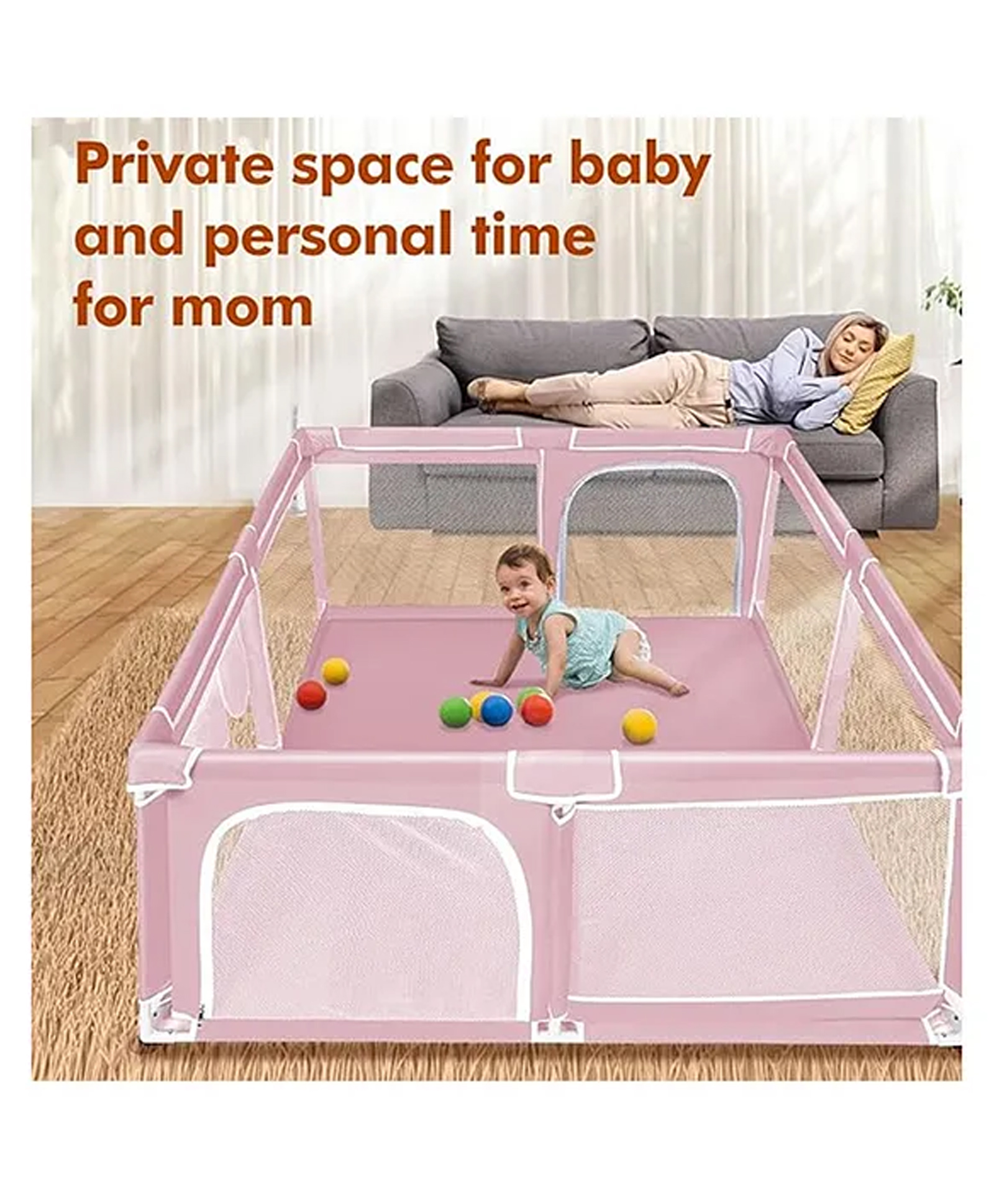 Smart Folding & Portable with Safety Lock Playpen with Play Gate Fence- Pink