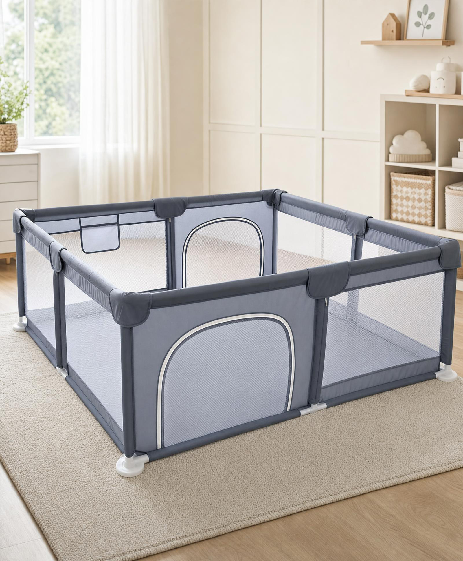 Smart Folding & Portable with Safety Lock Playpen with Play Gate Fence- Dark Grey-image-35