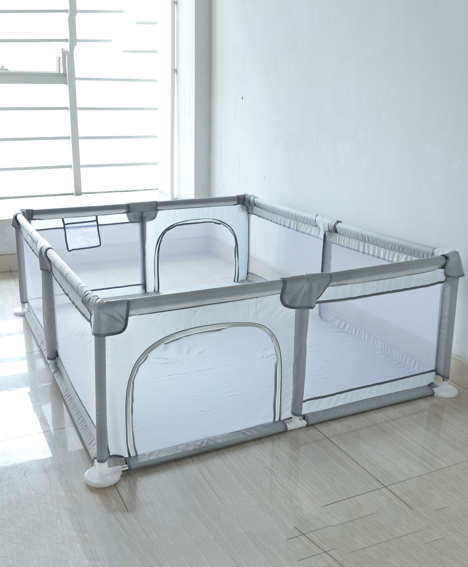 Smart Folding & Portable with Safety Lock Playpen with Play Gate Fence- Light Grey