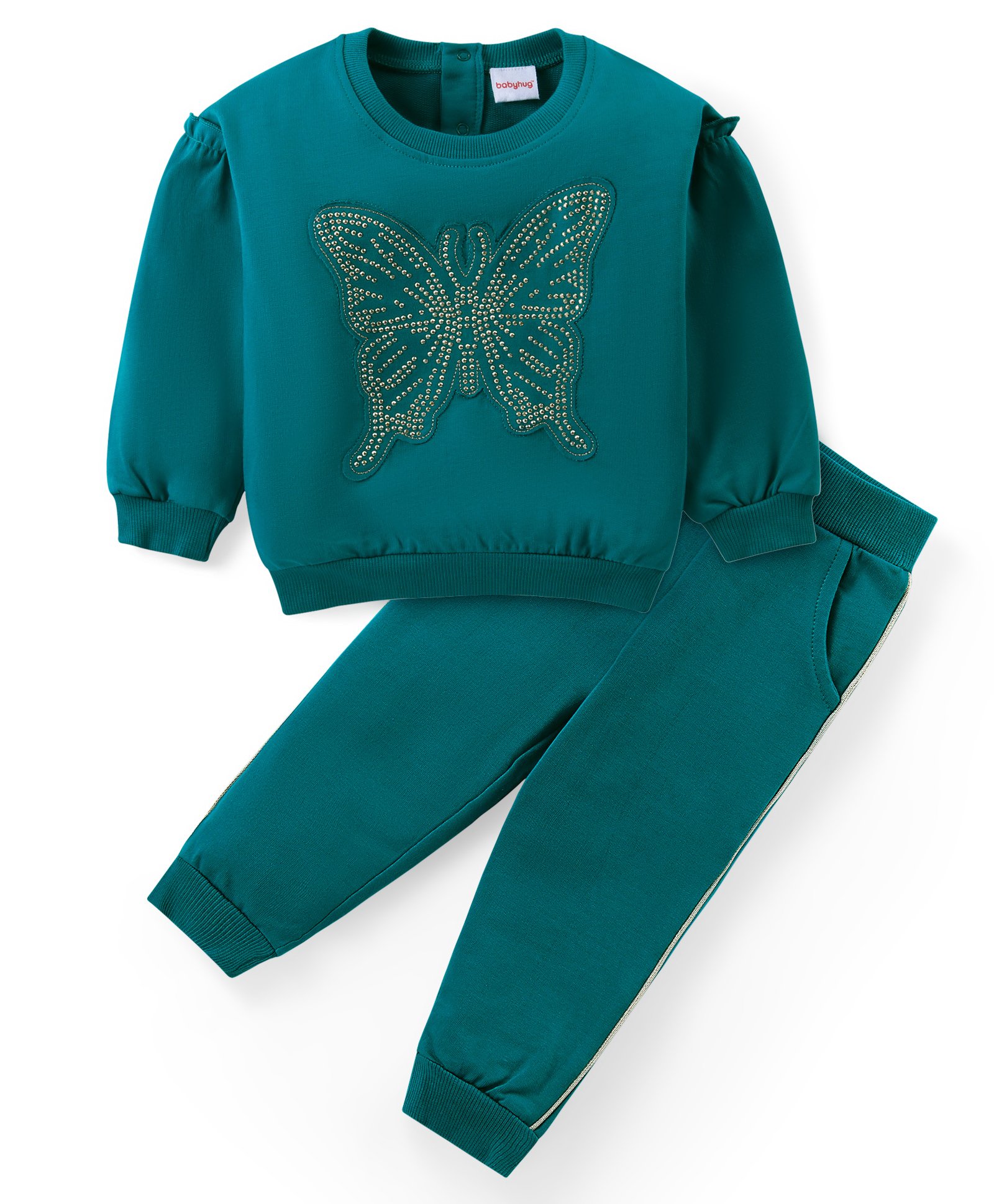 Babyhug Cotton Knit Full Sleeves Top & Jogger Pants Set With Sequins Butterfly - Green-picture-32