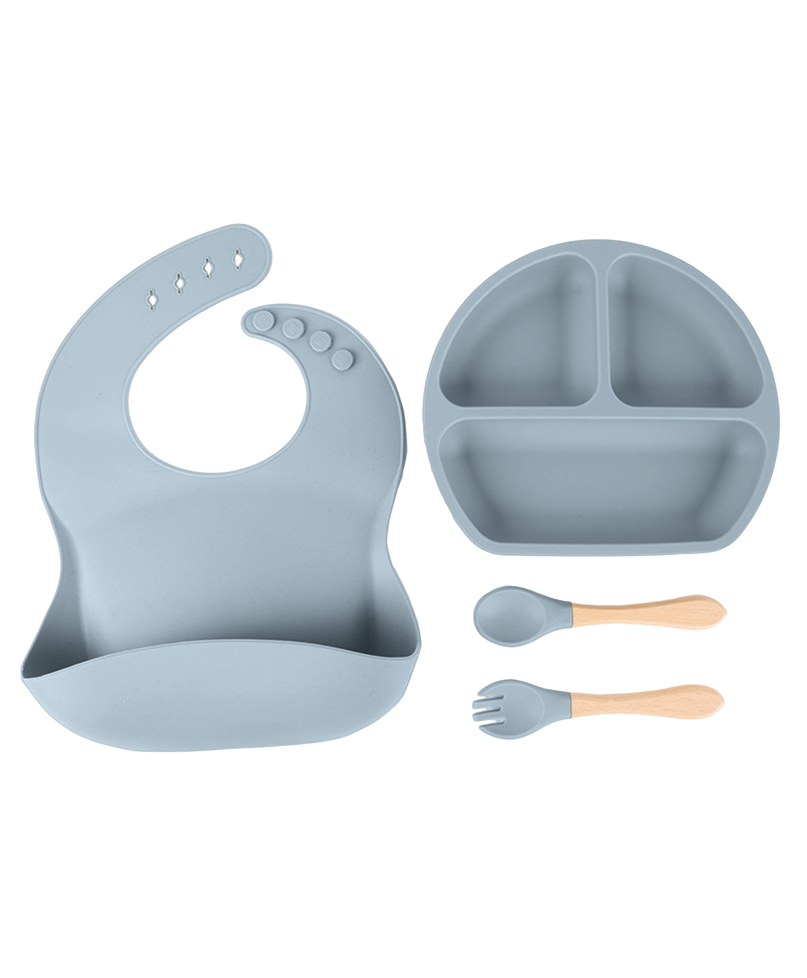 Babymoon Silicone BPA Free Baby Kids Feeding Dinner Set Gift Box Dinner Plate, Spoon & Fork, Silicone Bib Set of 4  Grey-image-14