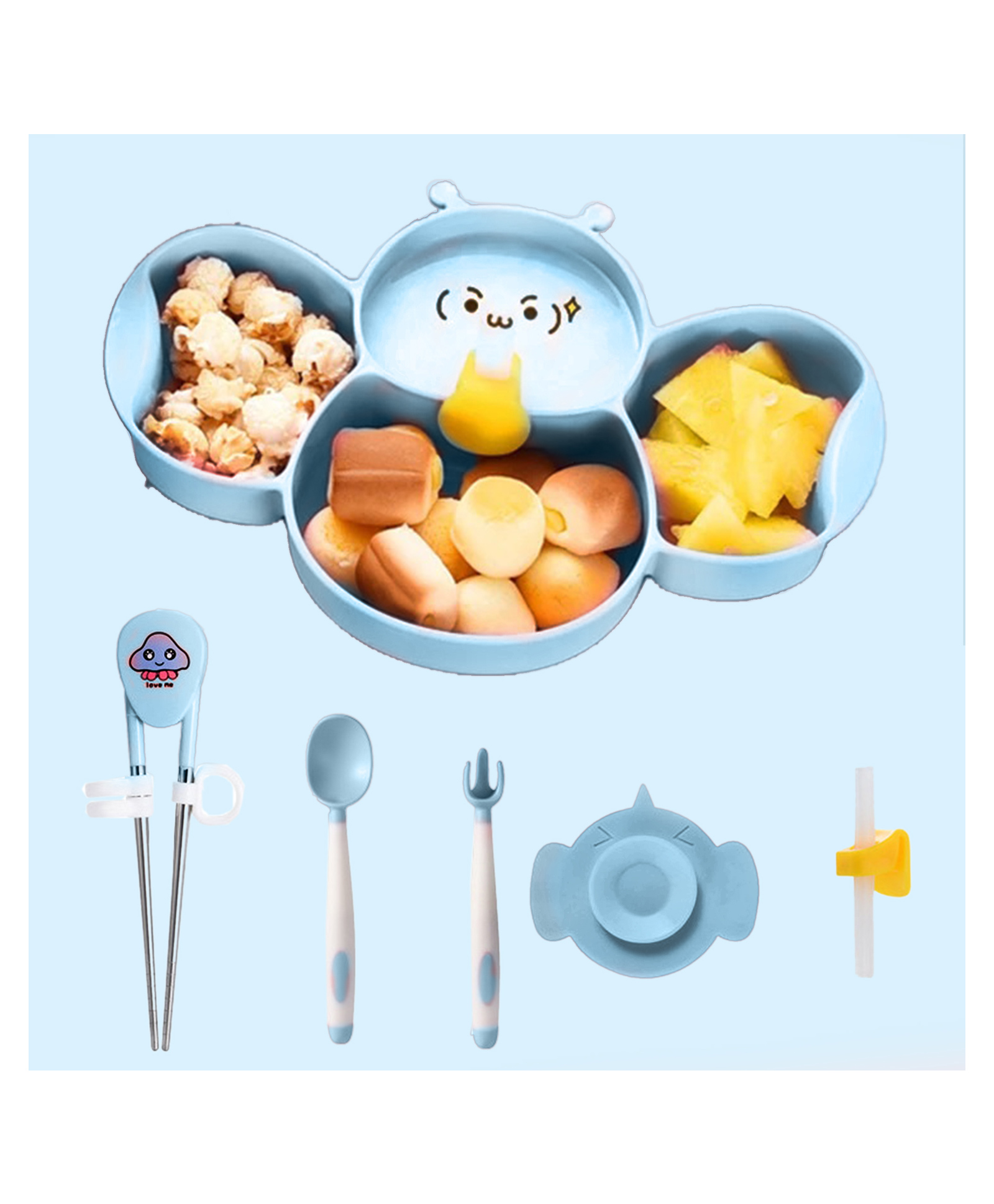 Babymoon Silicone BPA Free Baby Kids Feeding Dinner Set Gift Box Dinner Plate, Twisted Spoon & Fork, Suction Bowl Cup, Snap Straw And Chopstick Set of 6  Blue-image-10