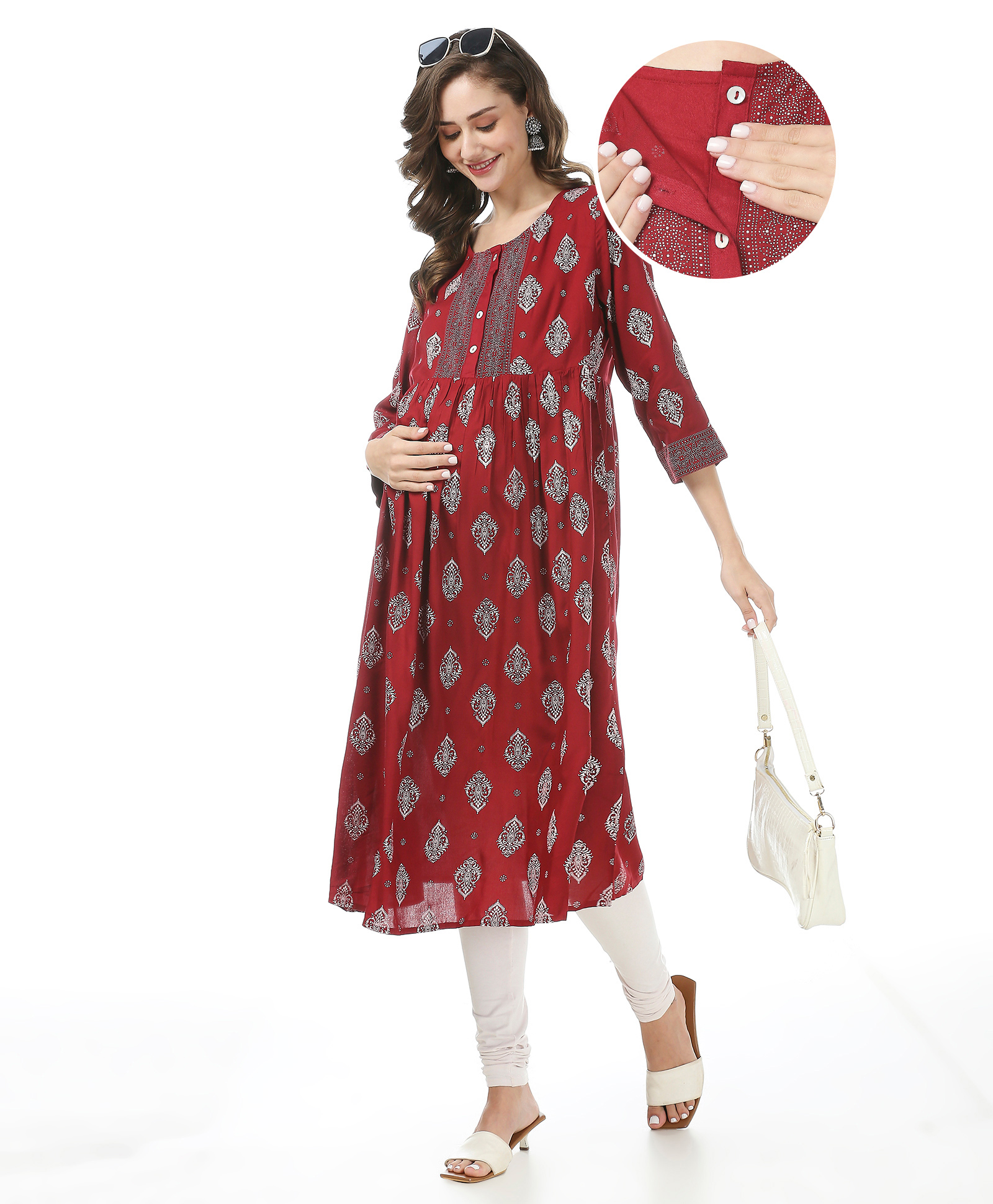 Bella Mama Woven Three Fourth Sleeves Printed Maternity Kurta with Side Pocket- Red