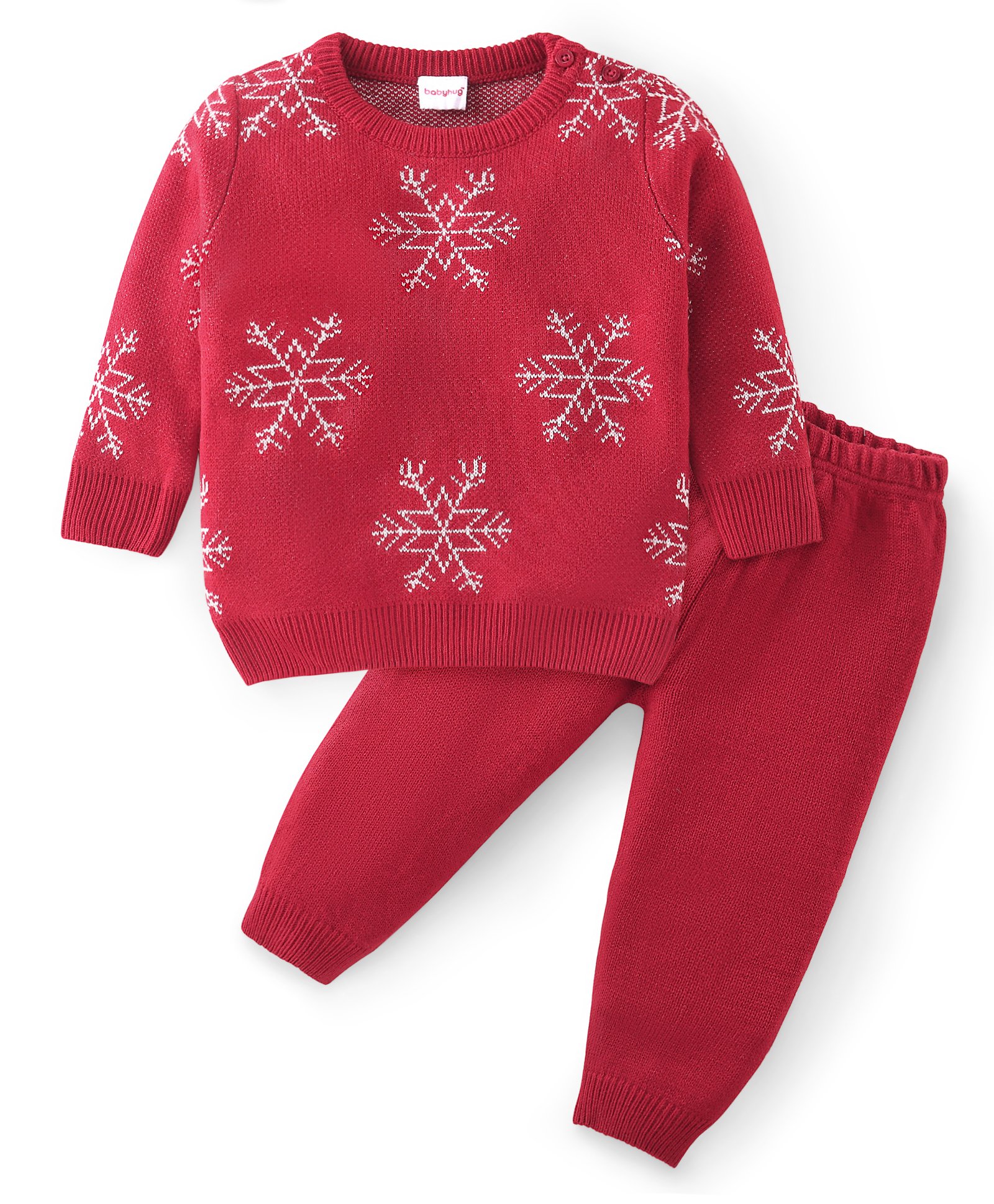 Babyhug Knit Full Sleeves Sweater Set with Snowflake Design- Red-picture-16