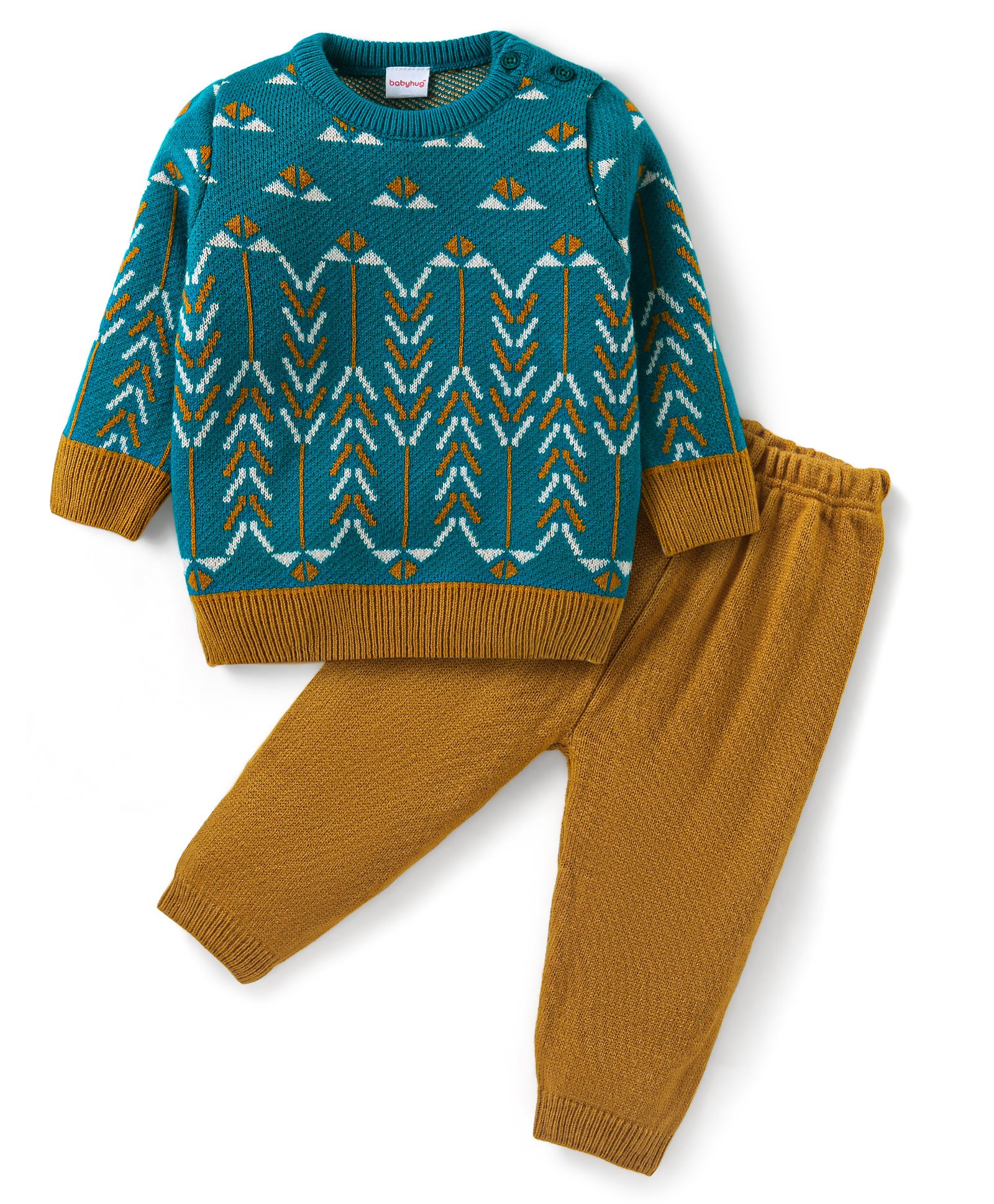 Babyhug Knitted Full Sleeves Pullover Sweater & Pant Set with Chevron Design -Green-image-20