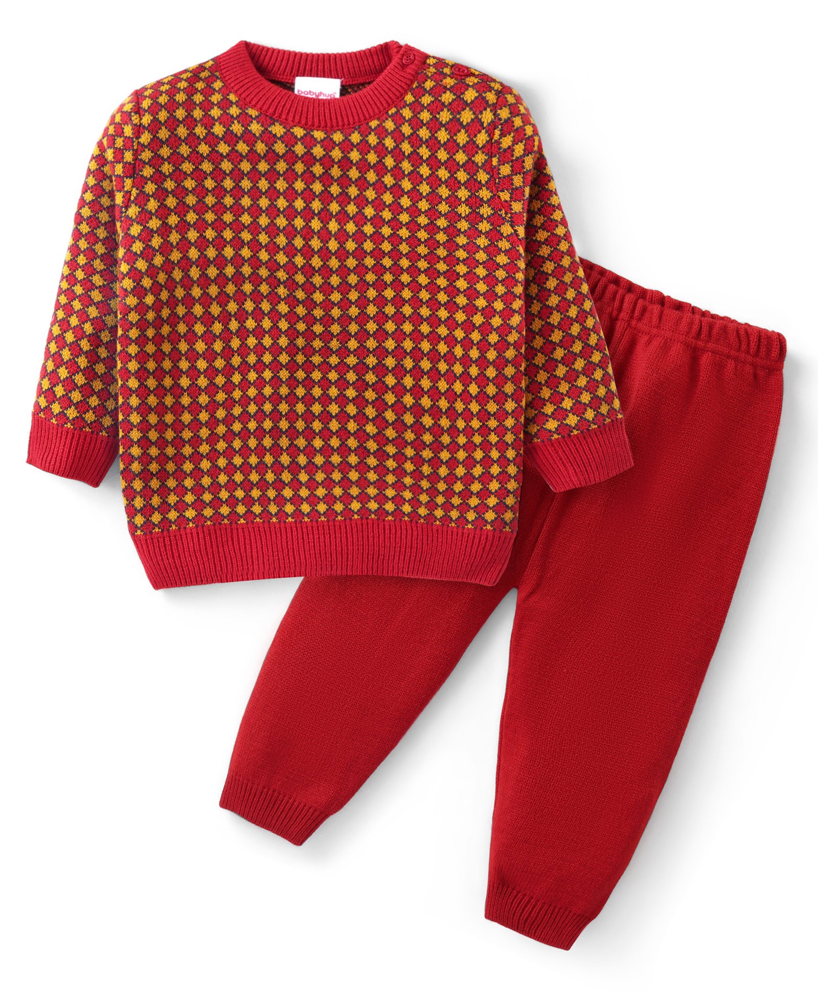 Babyhug Knit Full Sleeves Sweater Set with Aztec Design -Rust Red-image-30