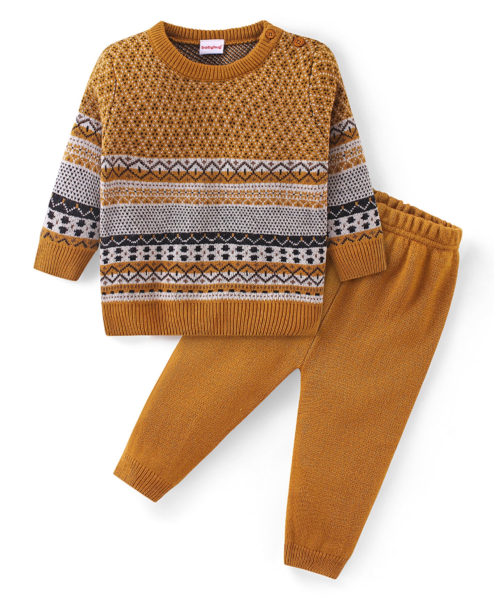 Babyhug Knit Full Sleeves Sweater Set with Aztec Design- Mustard-image-13