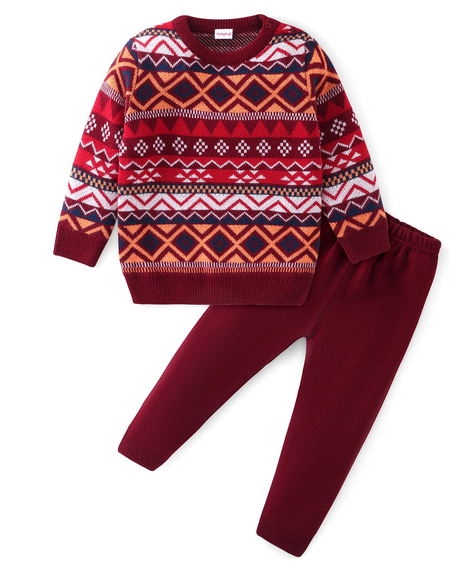 Babyhug Knitted Full Sleeves Sweater Set with Aztec Design - Red & Orange-picture-25