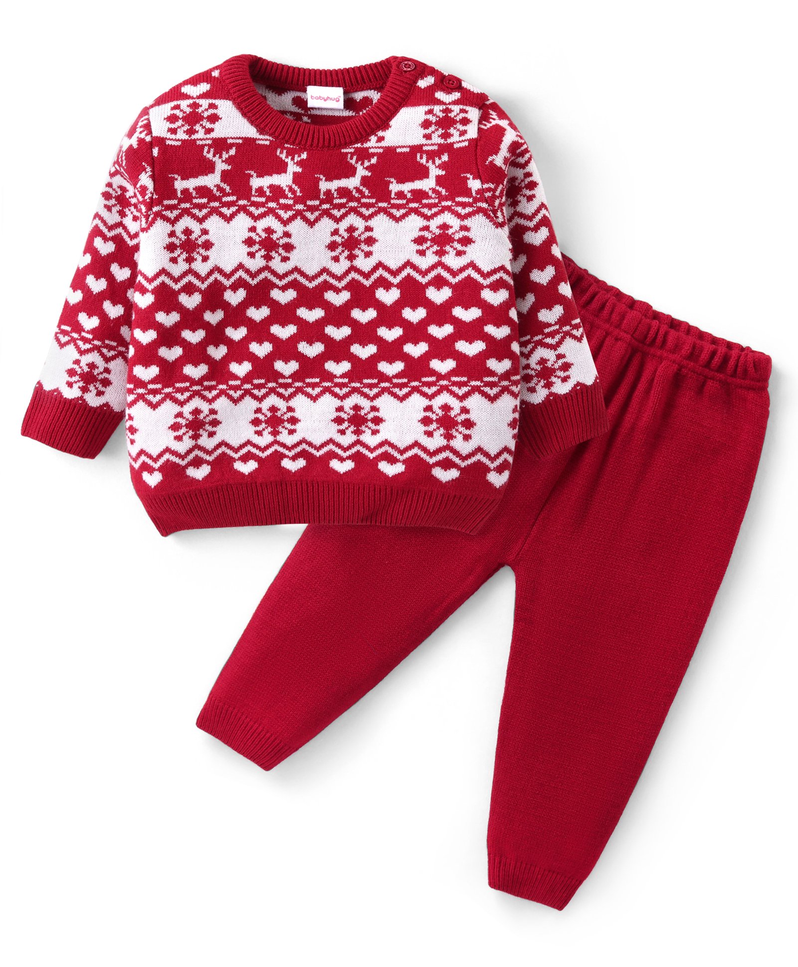 Babyhug Knit Full Sleeves Sweater Set with Christmas Theme -Red-picture-20