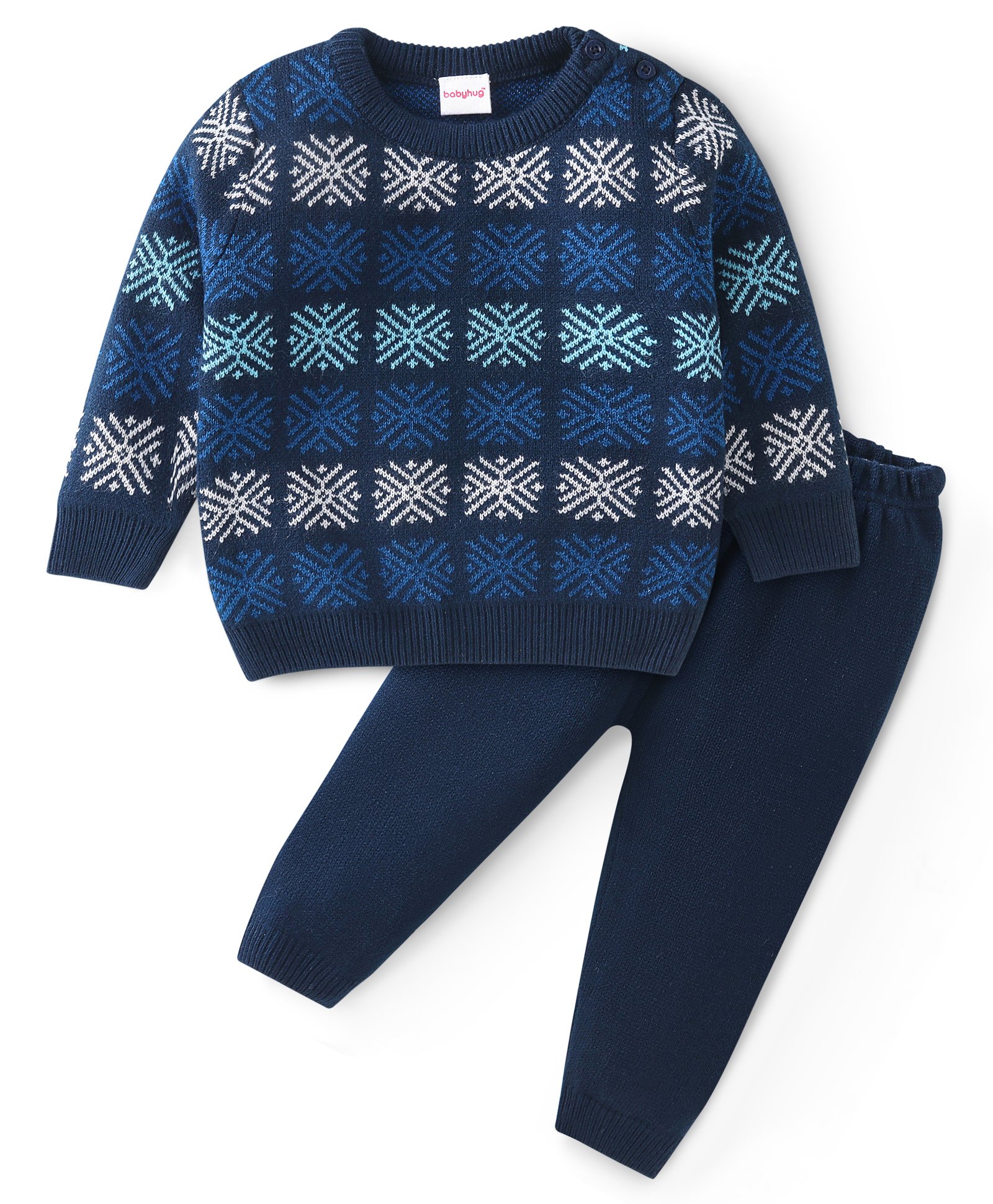 Babyhug Knit Full Sleeves Sweater Set with Snowflake Design- Navy Blue-image-20