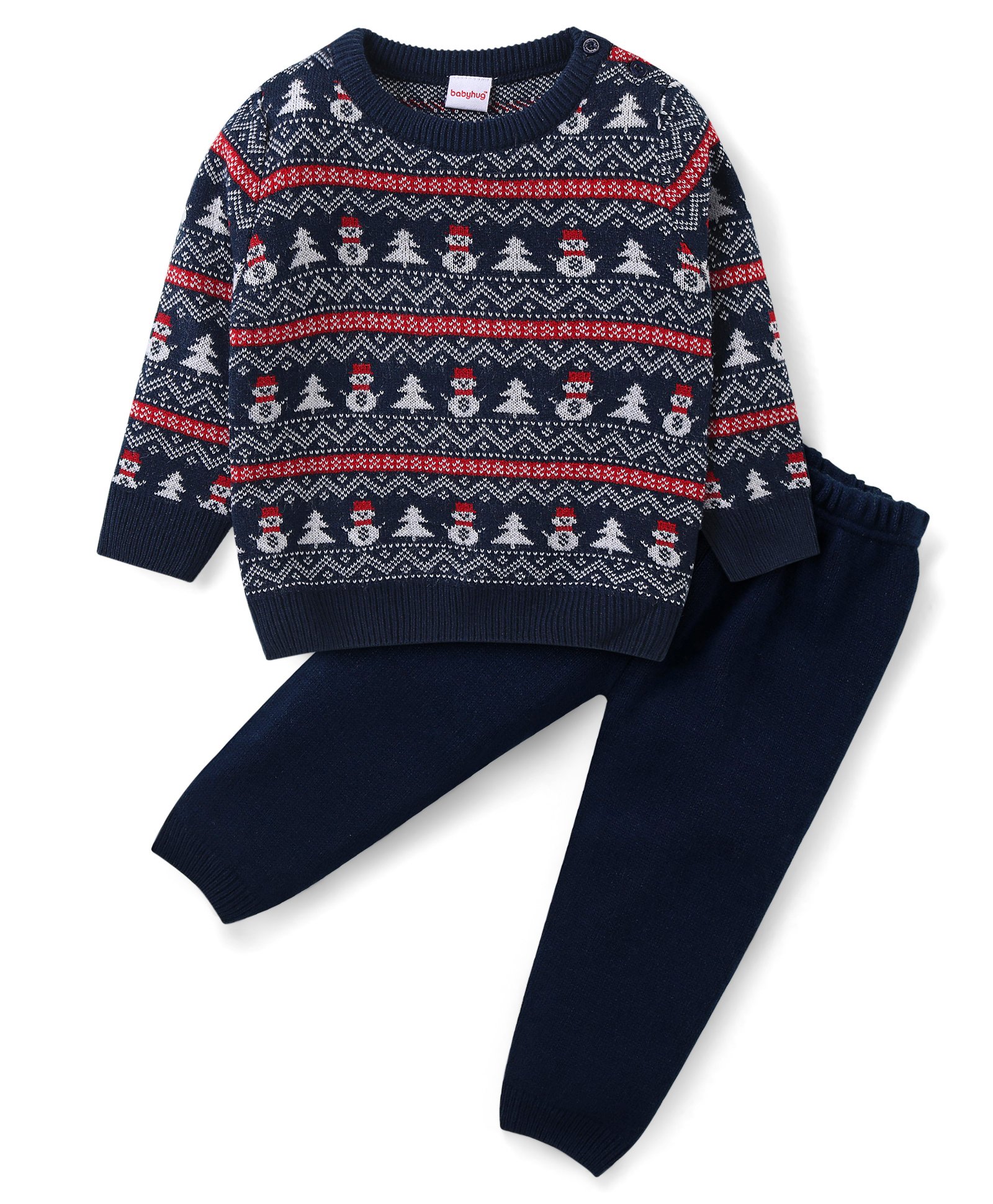 Babyhug Knitted Full Sleeves Christmas Themed Designed Sweater & Pant Set - Navy Blue-picture-18