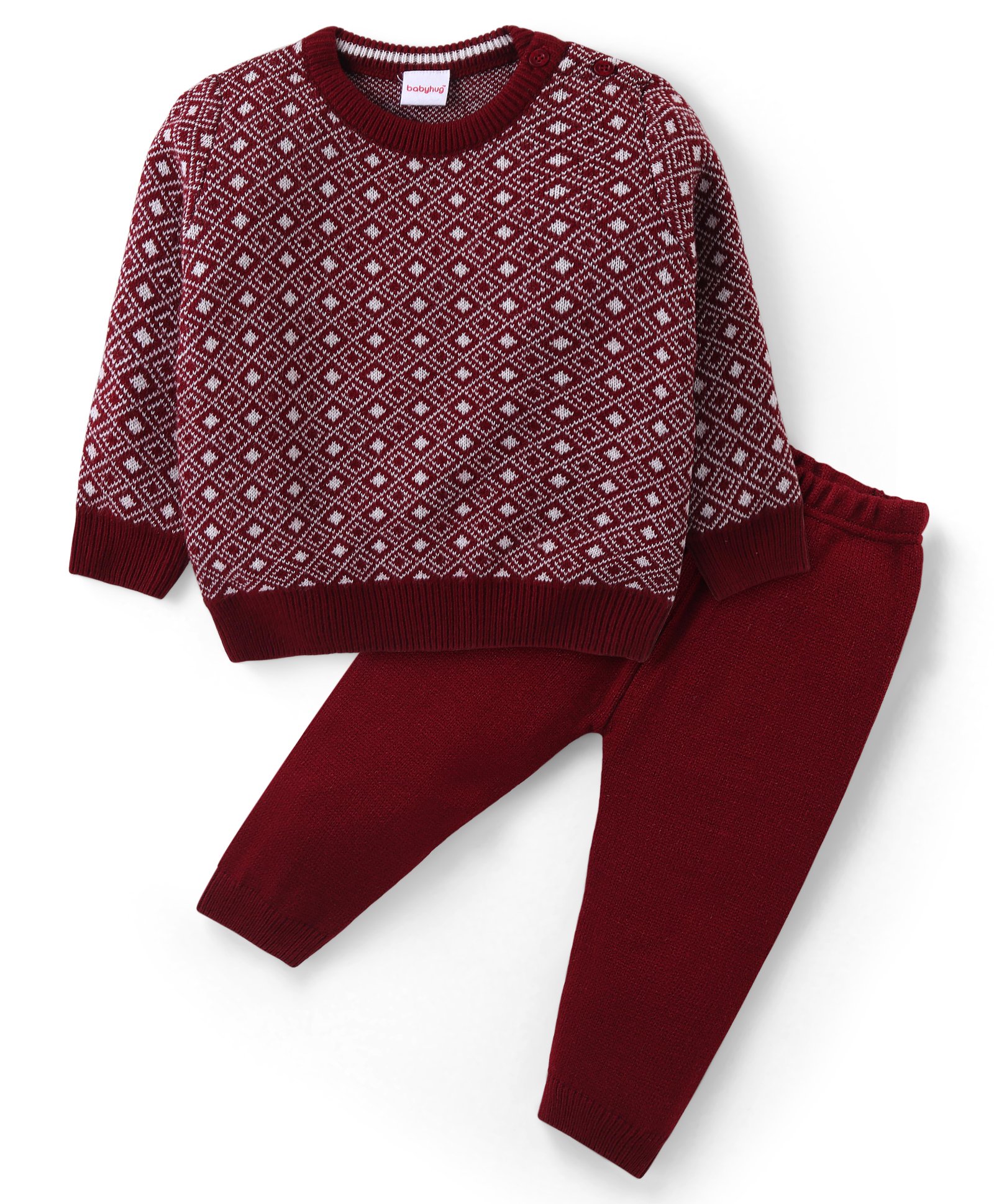 Babyhug Knitted Full Sleeves Sweater & Pant Set with Diamond Design - Red-image-6