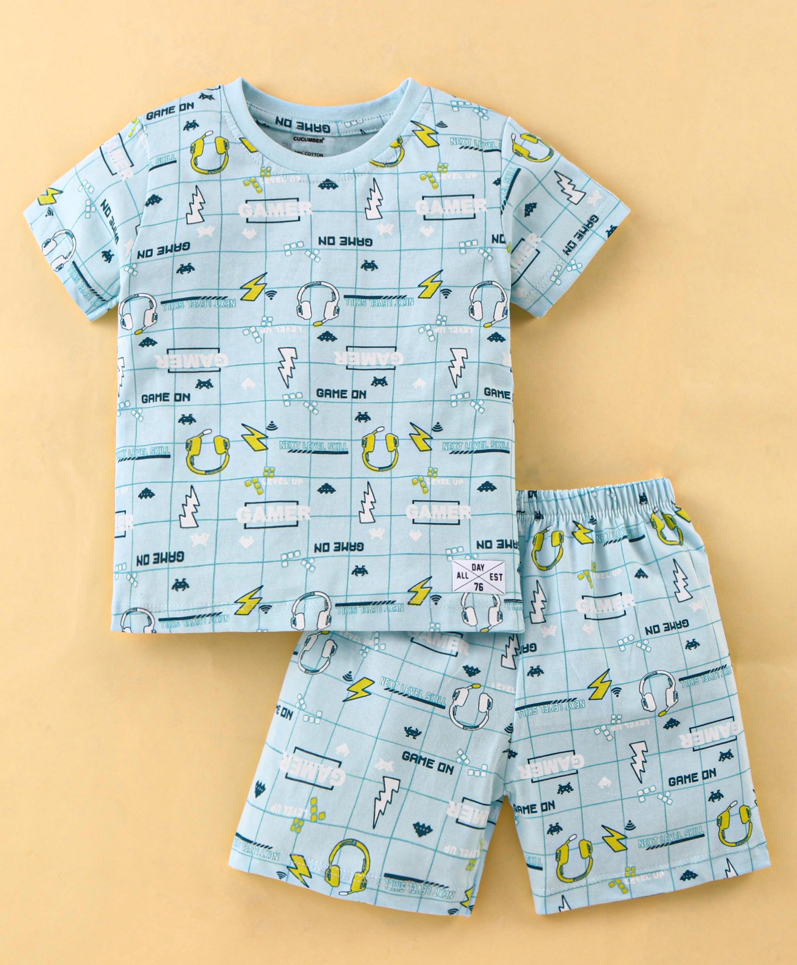 Cucumber Cotton Half Sleeves Night Suit Gaming Print - Blue-image-2