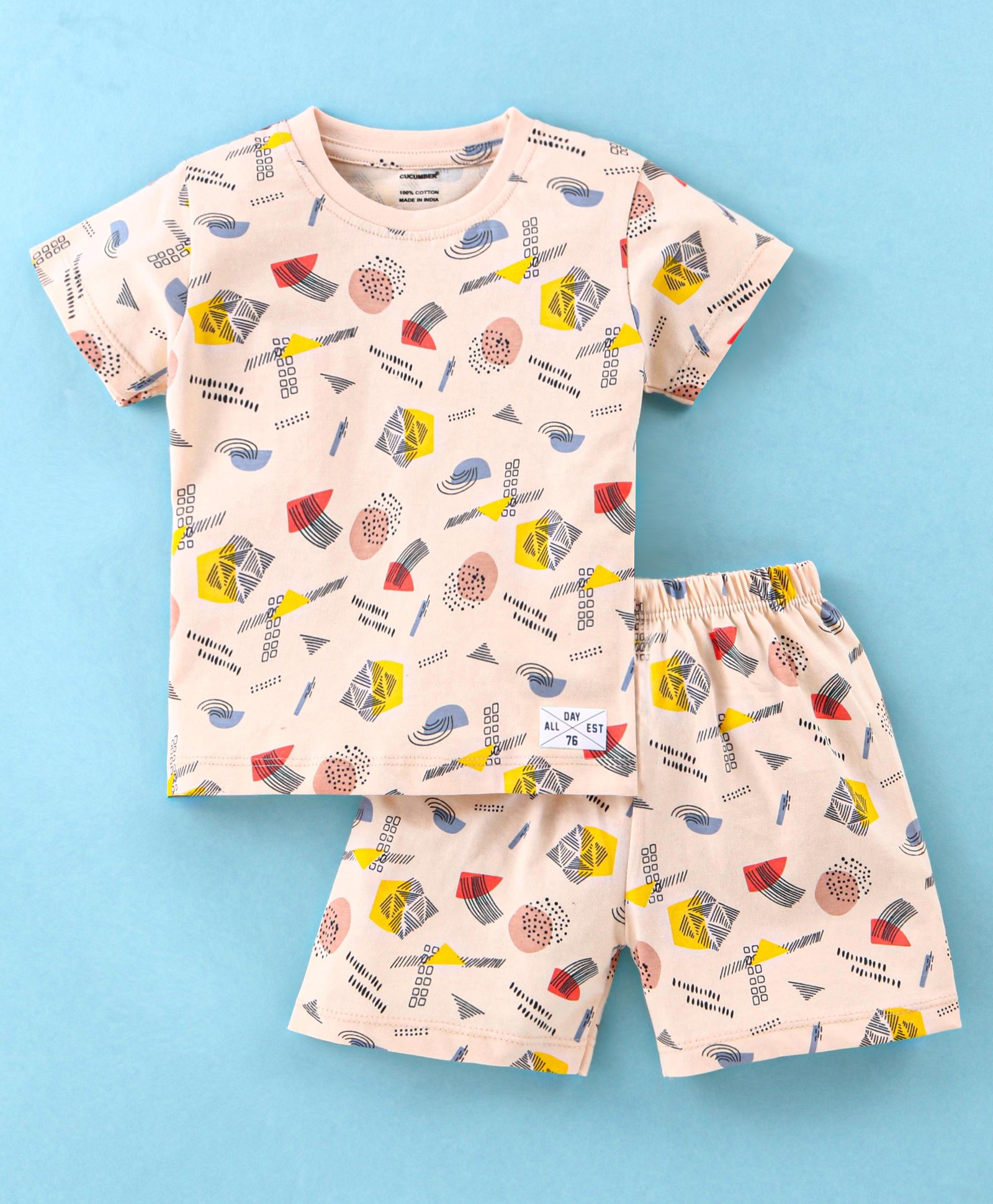 Cucumber Cotton Half Sleeves Night Suit All Over Print - Ivory-image-22