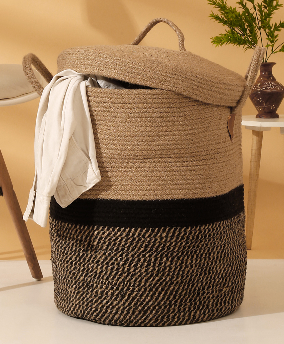 Hosta Homes Jute Cotton Hand Woven Laundry Hamper with Cover - Brown-image-4