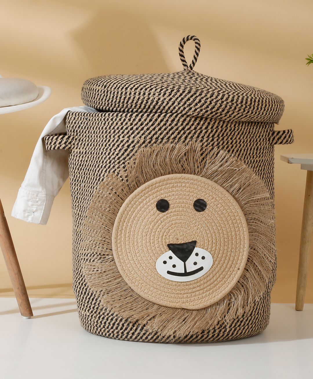 Hosta Homes Pure Cotton Cartoon Face Hand Woven Laundry Hamper With Cover Brown-image-30