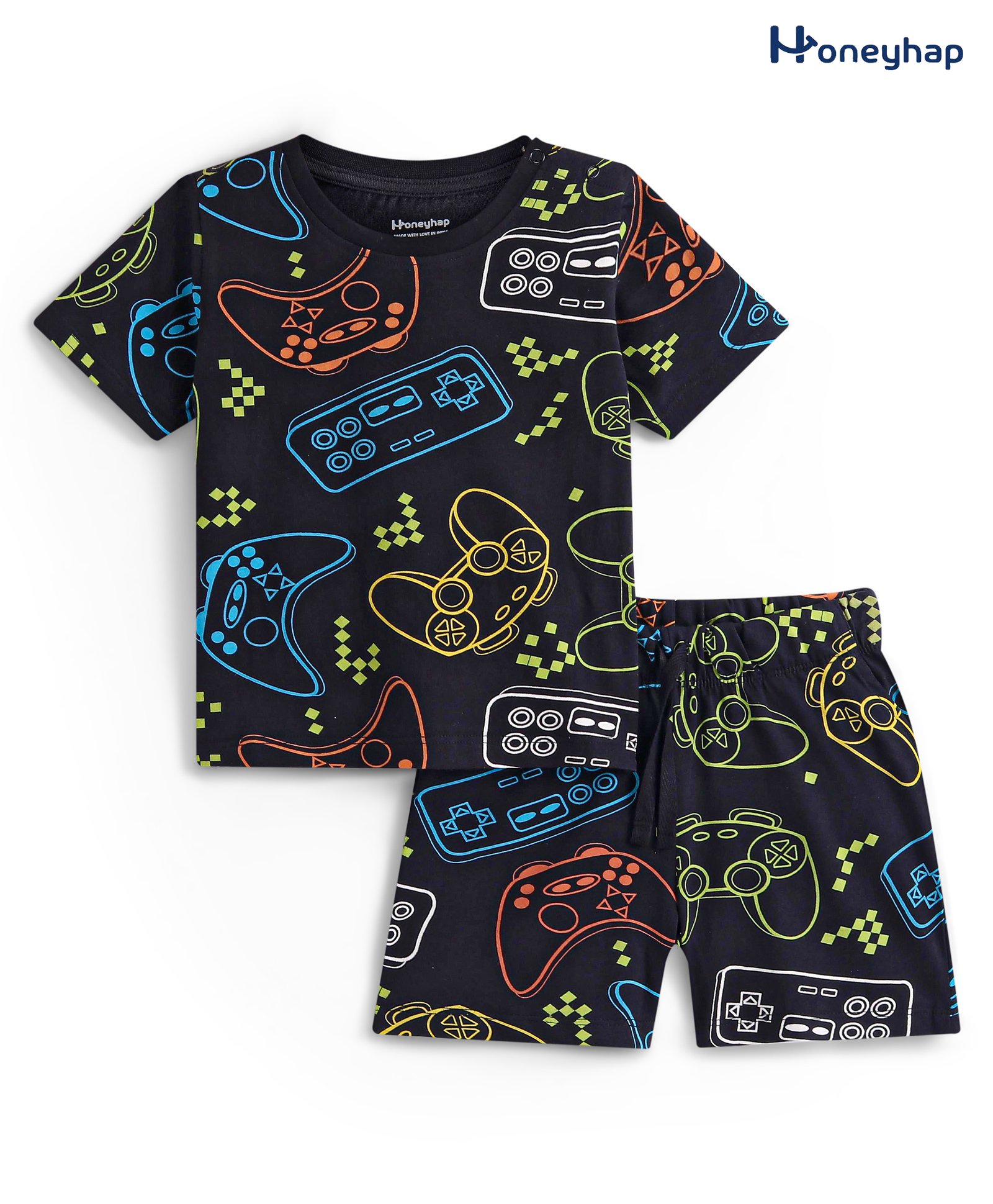 Honeyhap 100% Cotton Single Jersey Gaming Console Printed Night Suit with Bio Finish - Black-image-26